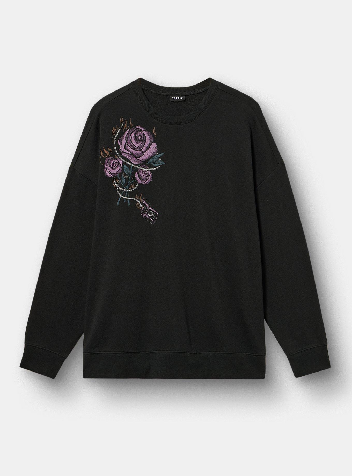 Plus Size Cozy Fleece Crew Drop Shoulder Sweatshirt, FLAMING ROSE DEEP BLACK, hi-res