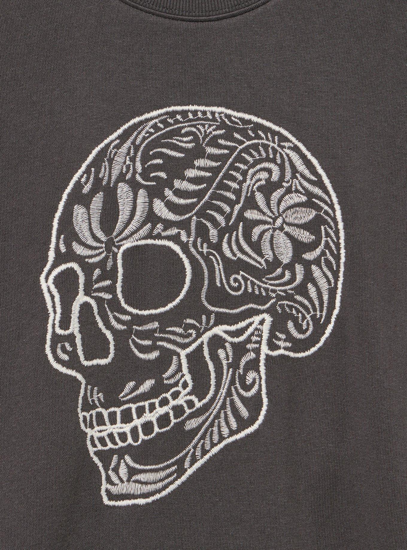 Cozy Fleece Crew Drop Shoulder Sweatshirt, SWIRL SKULL VINTAGE BLACK, alternate