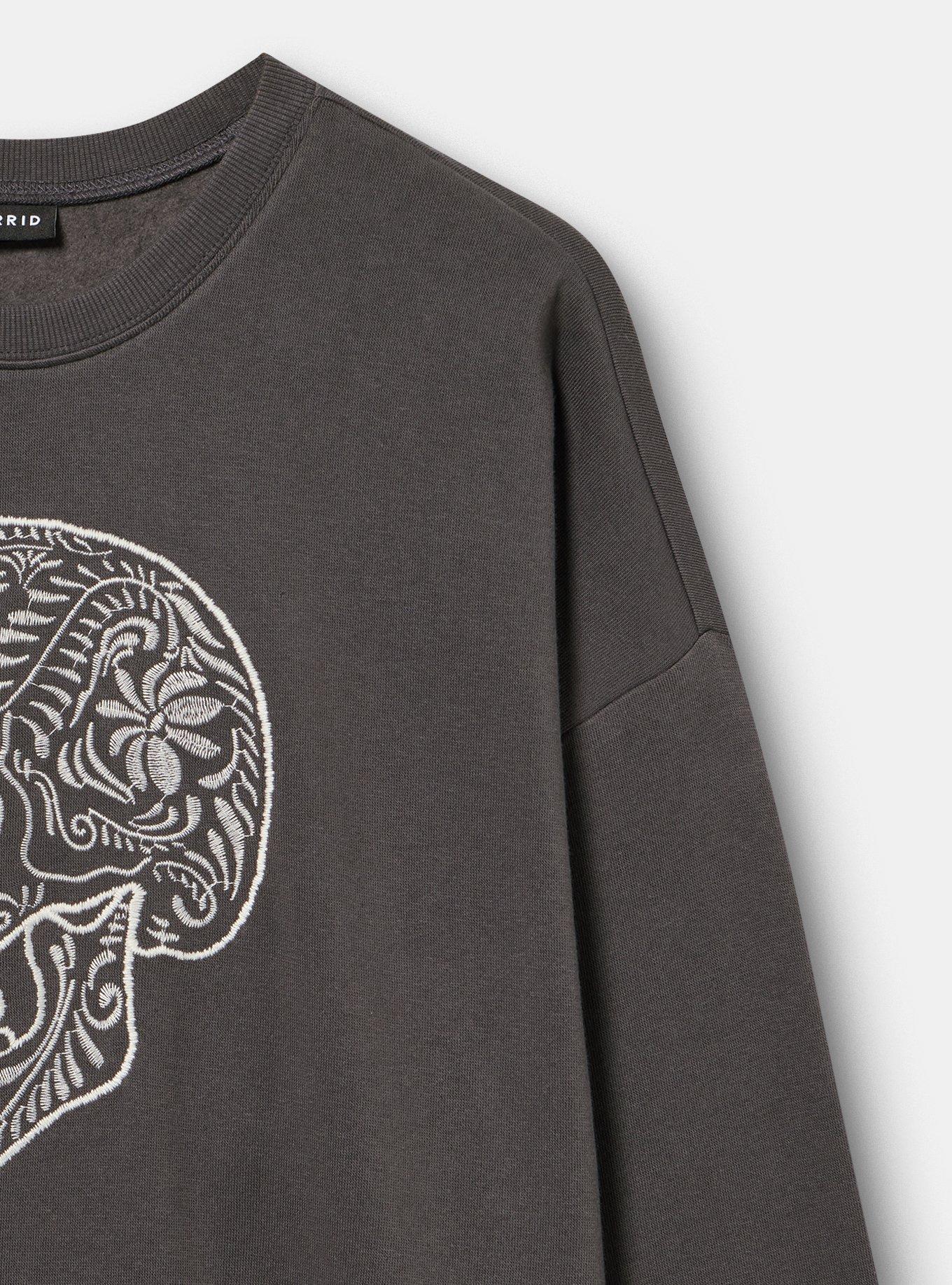 Cozy Fleece Crew Drop Shoulder Sweatshirt, SWIRL SKULL VINTAGE BLACK, alternate