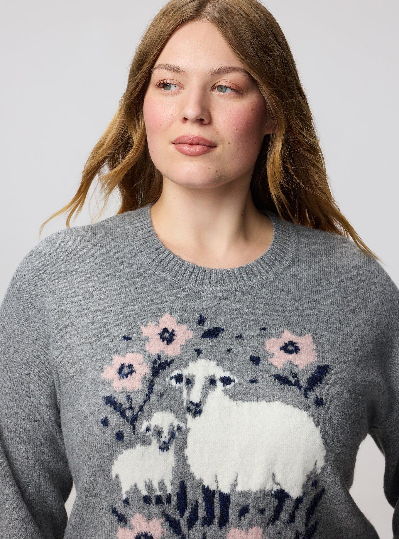 Vegan Cashmere Pullover Sweater, FLORAL SHEEP HEATHER GREY, alternate