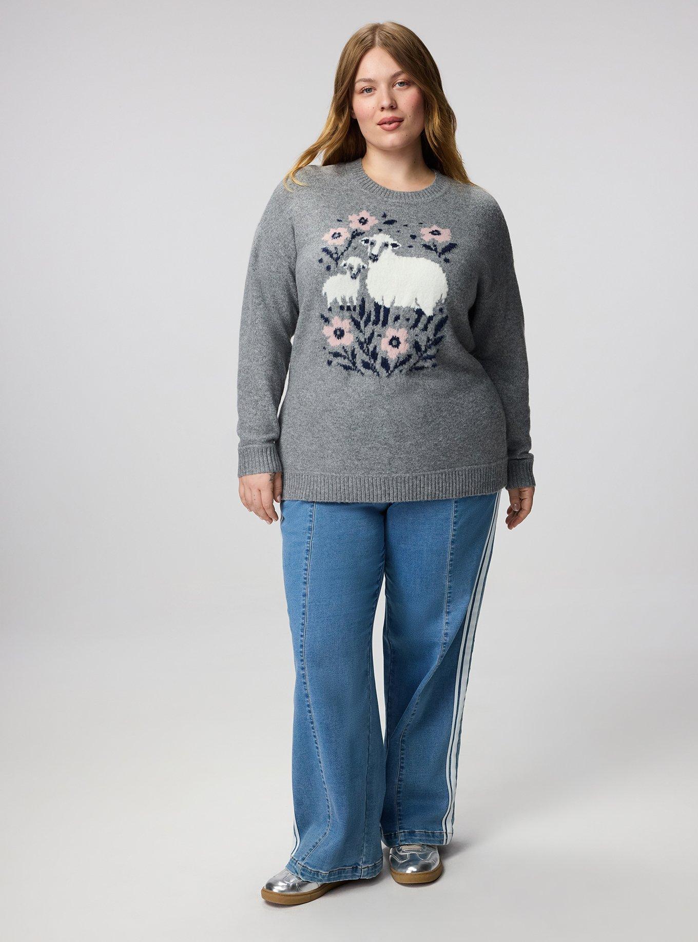 Vegan Cashmere Pullover Sweater, FLORAL SHEEP HEATHER GREY, alternate