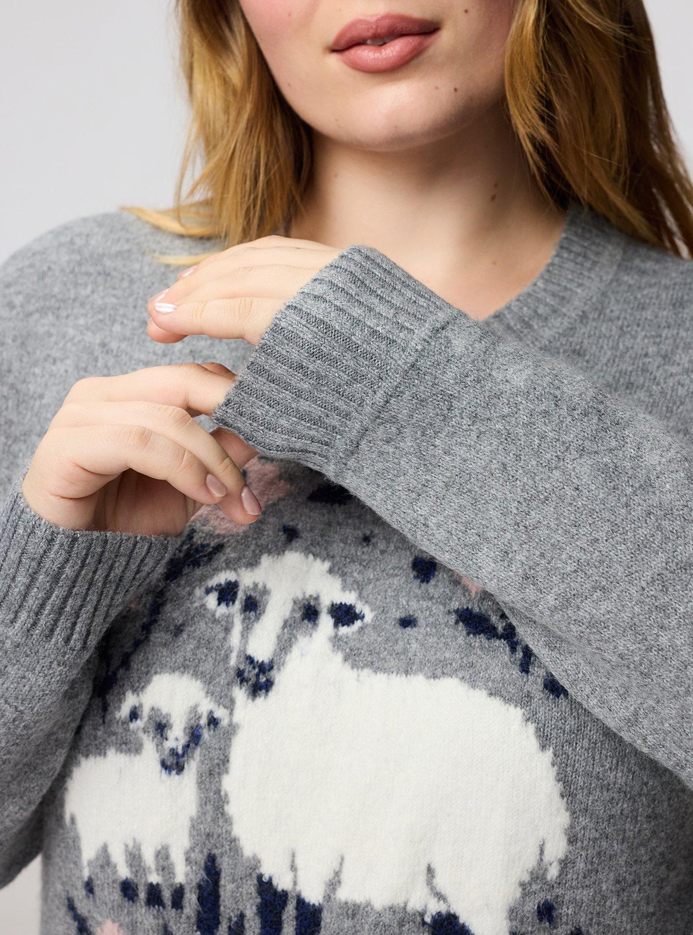 Vegan Cashmere Pullover Sweater, FLORAL SHEEP HEATHER GREY, alternate