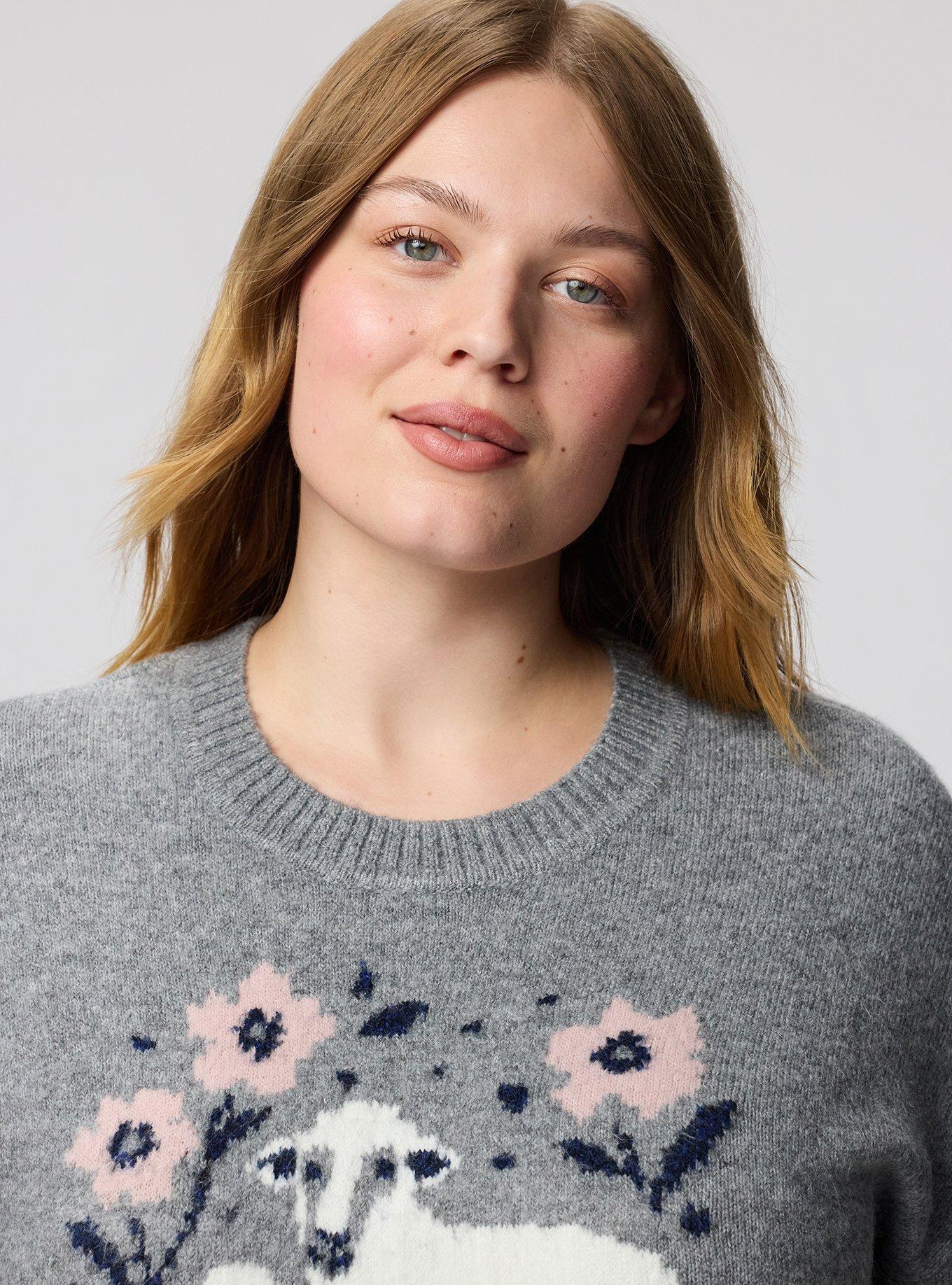 Vegan Cashmere Pullover Sweater, FLORAL SHEEP HEATHER GREY, alternate