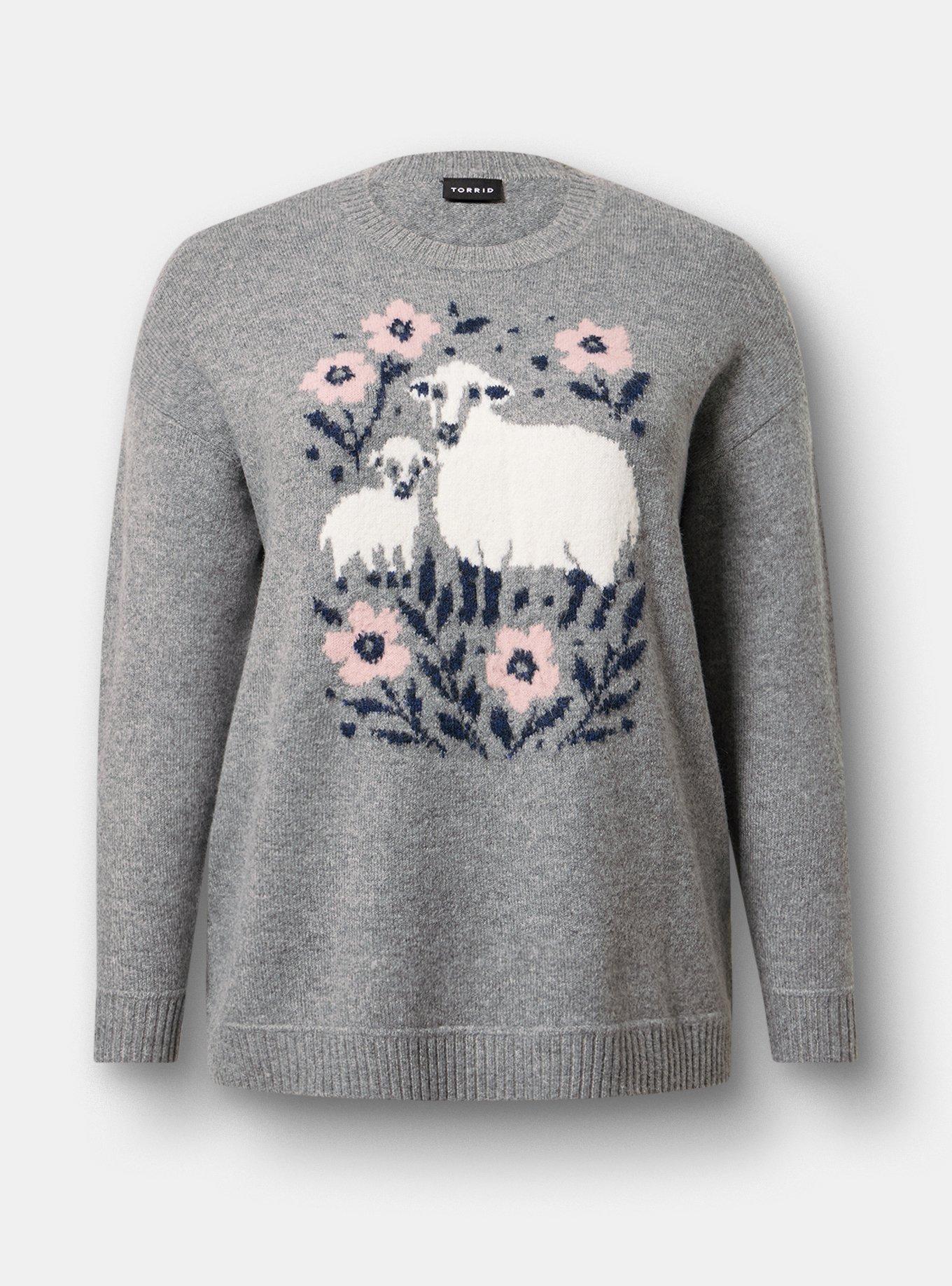 Vegan Cashmere Pullover Sweater, FLORAL SHEEP HEATHER GREY, flat