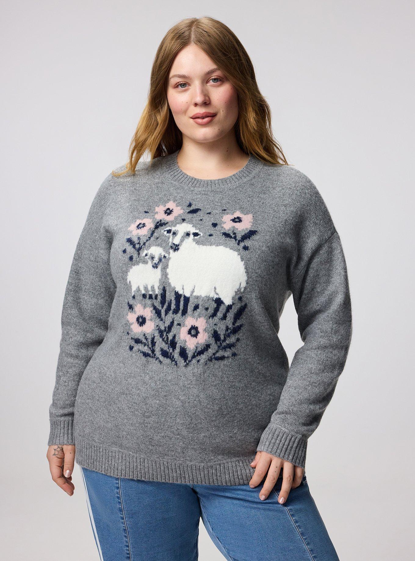 Vegan Cashmere Pullover Sweater, FLORAL SHEEP HEATHER GREY, hi-res