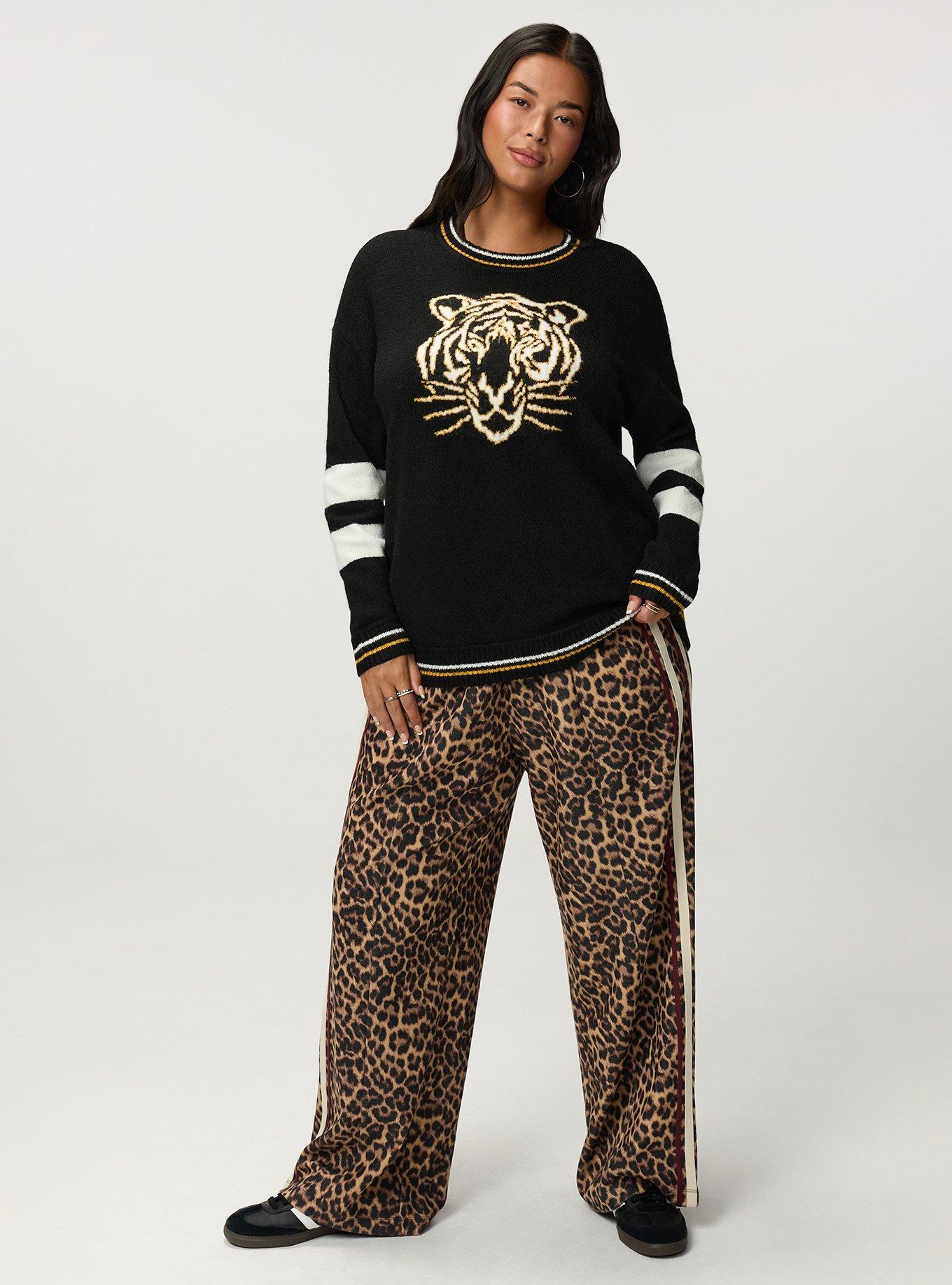 Vegan Cashmere Pullover Sweater, GOLDEN OUTLINED TIGER DEEP BLACK, alternate