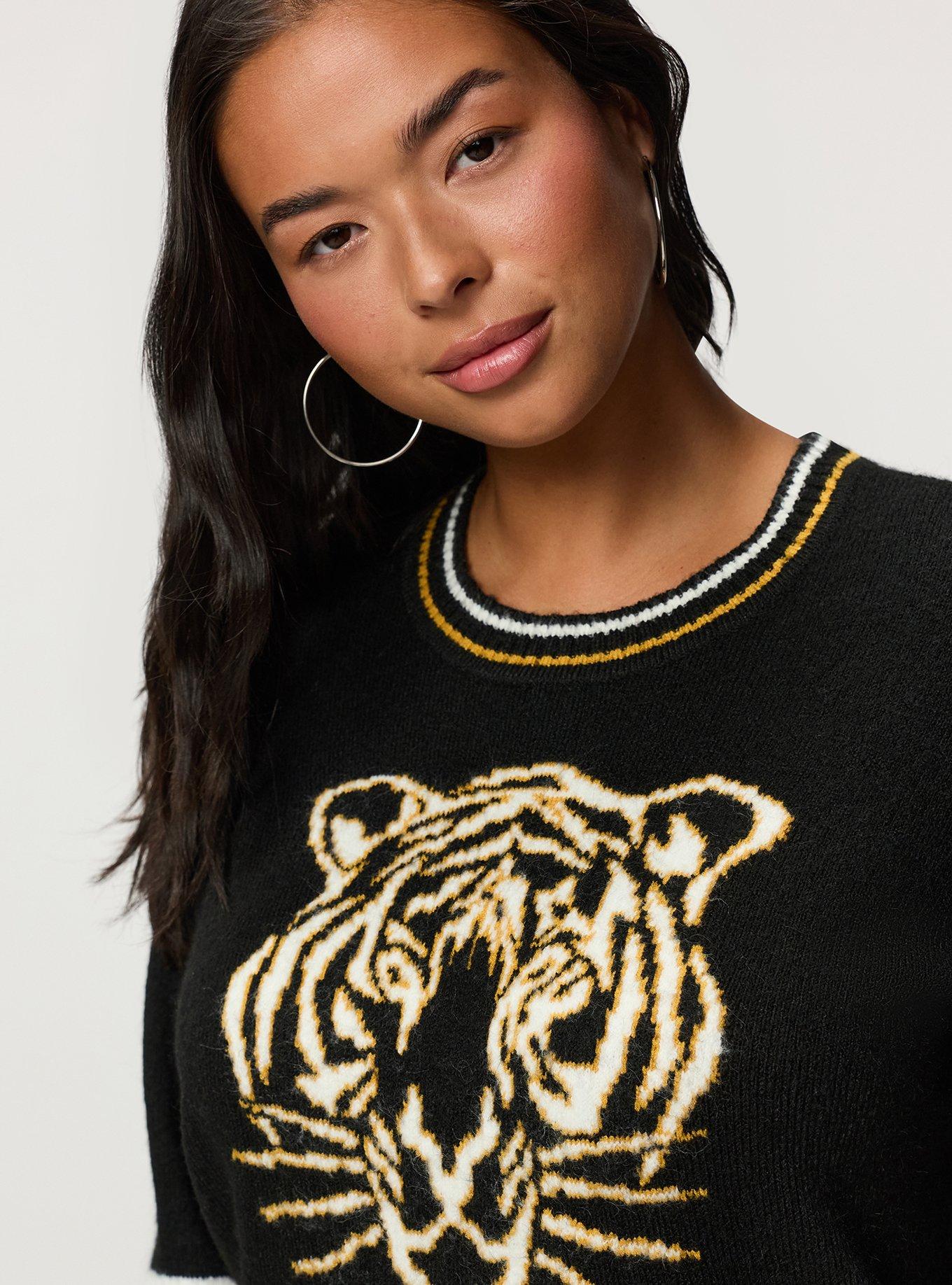 Vegan Cashmere Pullover Sweater, GOLDEN OUTLINED TIGER DEEP BLACK, alternate