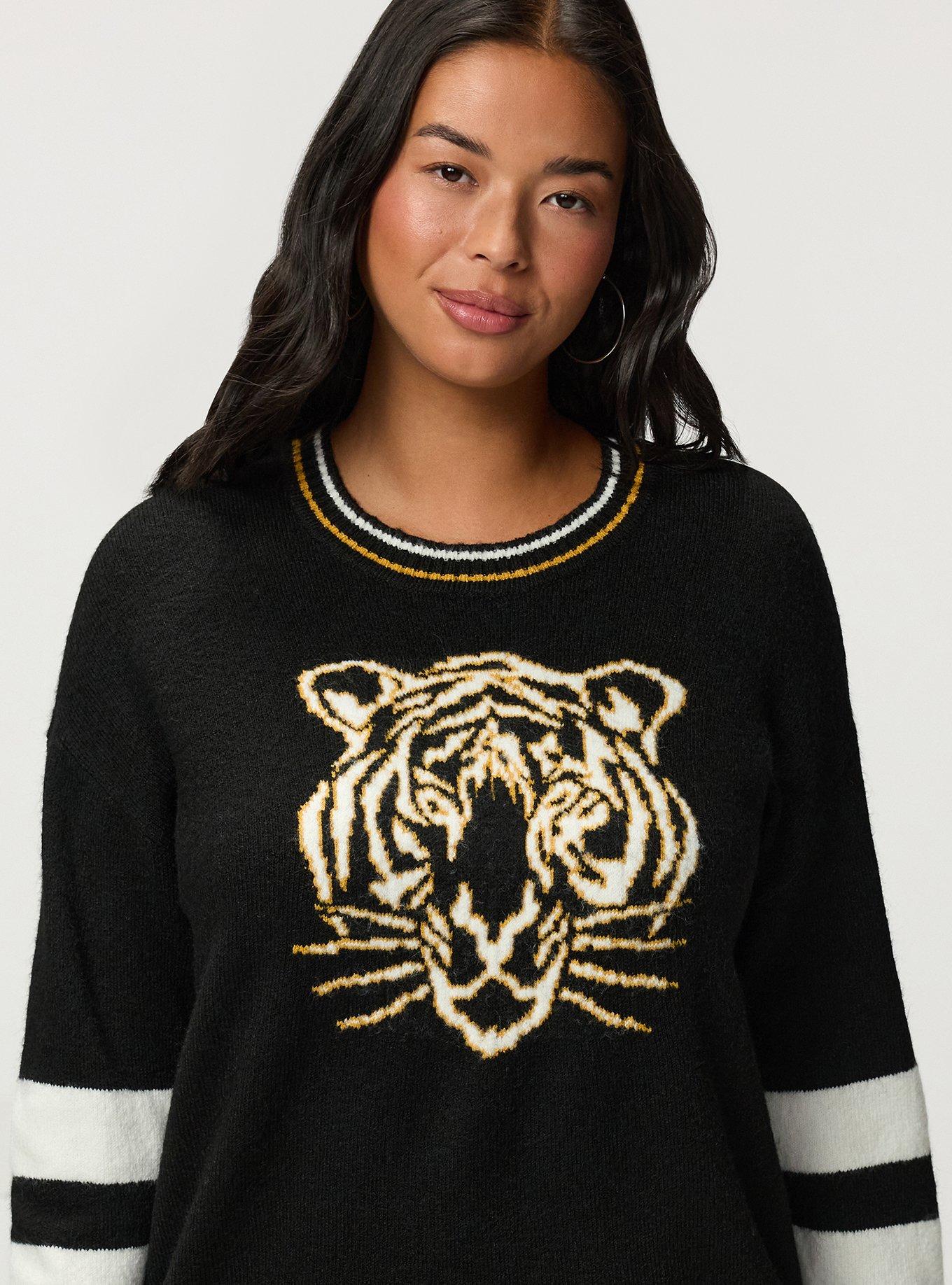 Vegan Cashmere Pullover Sweater, GOLDEN OUTLINED TIGER DEEP BLACK, alternate