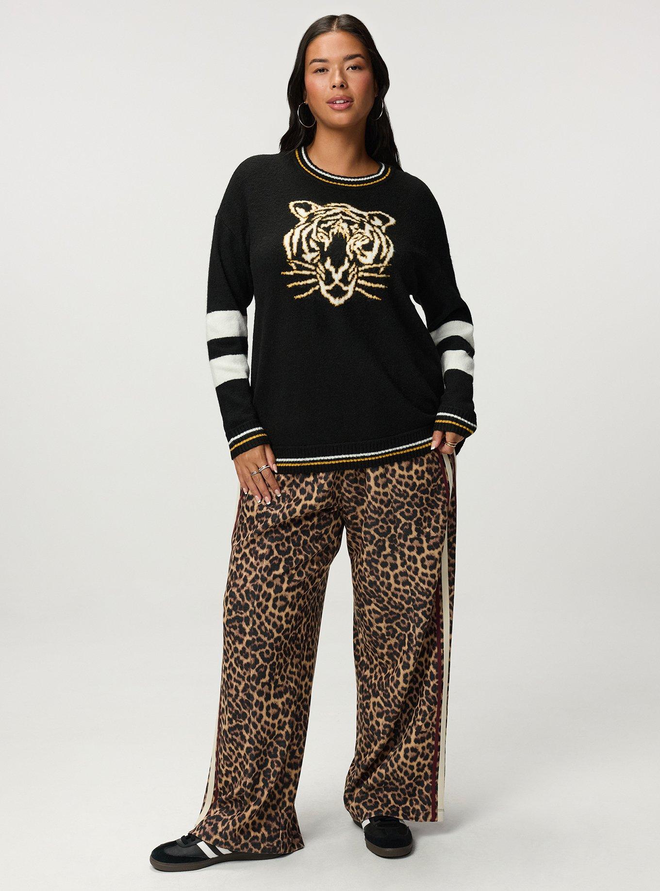 Vegan Cashmere Pullover Sweater, GOLDEN OUTLINED TIGER DEEP BLACK, alternate