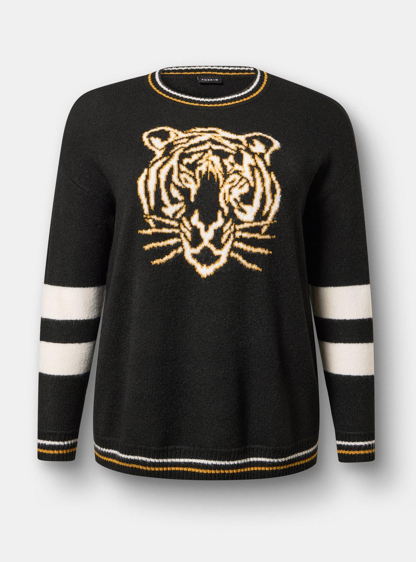 Vegan Cashmere Pullover Sweater, GOLDEN OUTLINED TIGER DEEP BLACK, flat