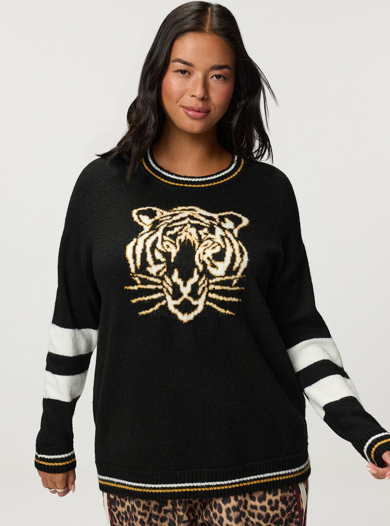 Vegan Cashmere Pullover Sweater, GOLDEN OUTLINED TIGER DEEP BLACK, hi-res