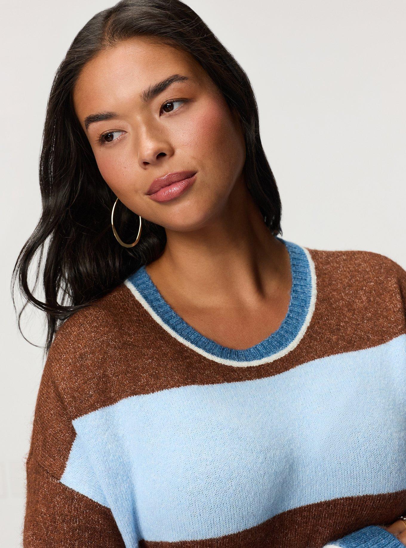Vegan Cashmere Pullover Sweater, CAPPUCCINO CERULEAN RUGBY STRIPE, alternate