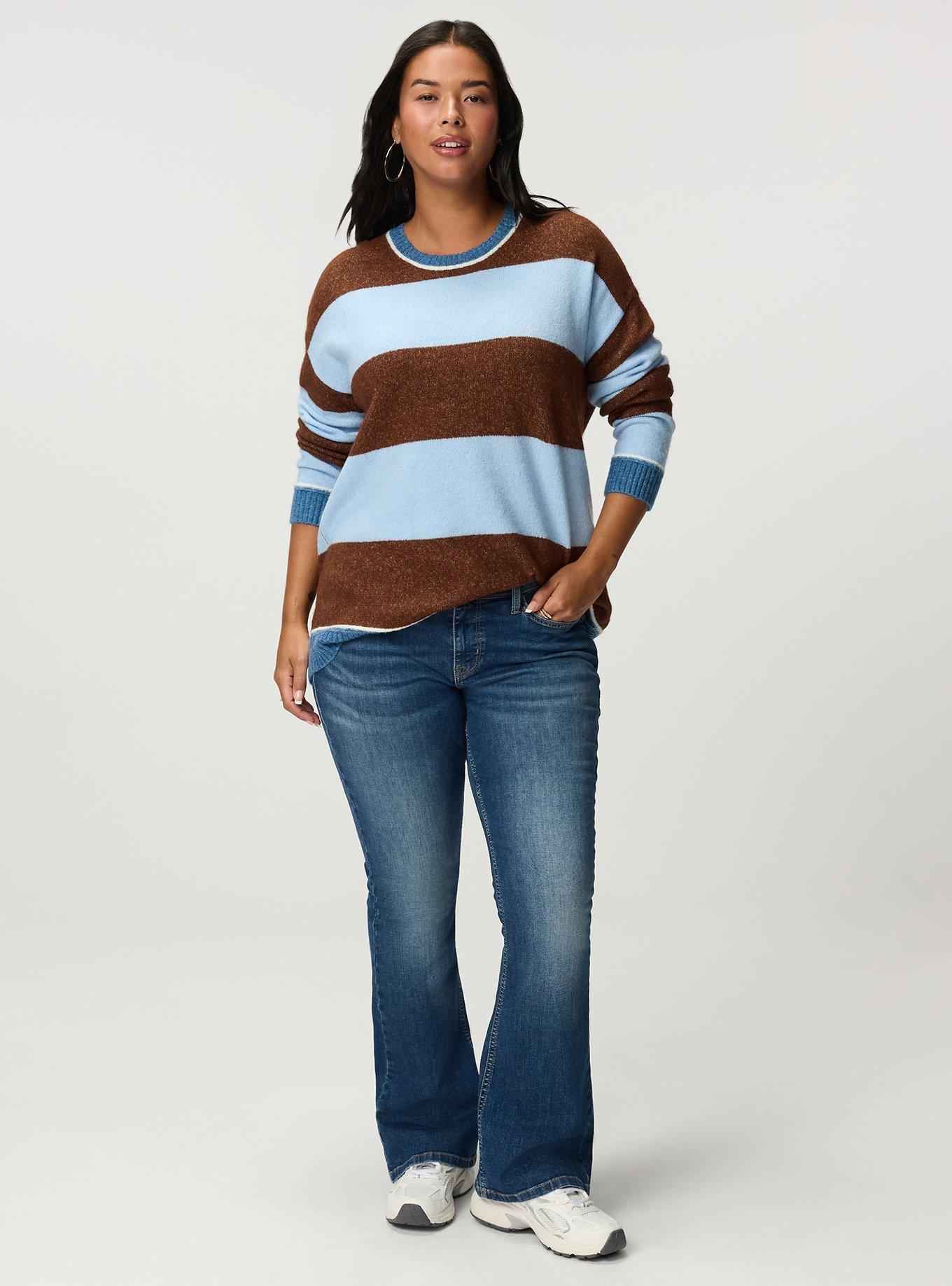 Vegan Cashmere Pullover Sweater, CAPPUCCINO CERULEAN RUGBY STRIPE, alternate