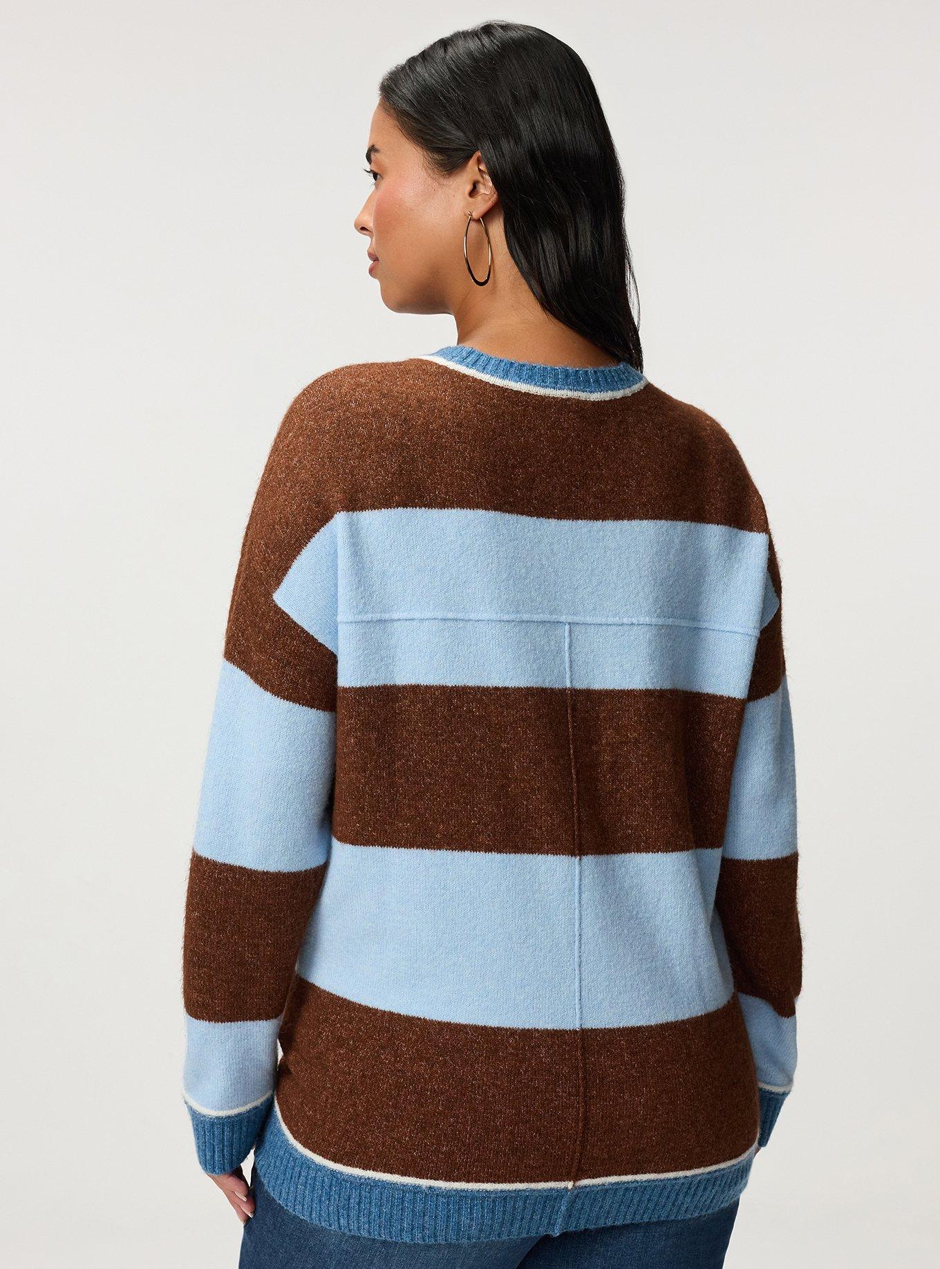 Vegan Cashmere Pullover Sweater, CAPPUCCINO CERULEAN RUGBY STRIPE, alternate