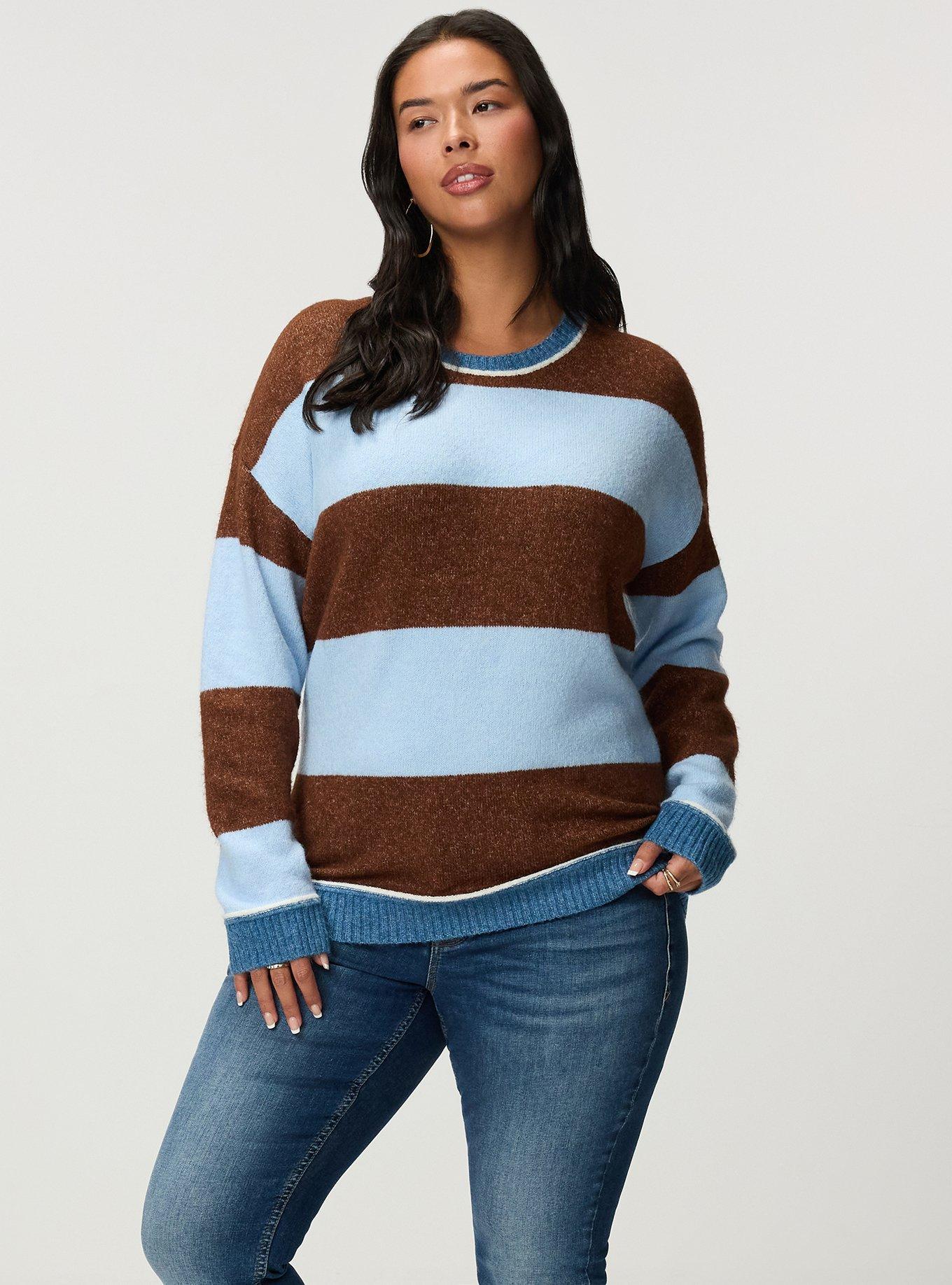 Vegan Cashmere Pullover Sweater, CAPPUCCINO CERULEAN RUGBY STRIPE, alternate