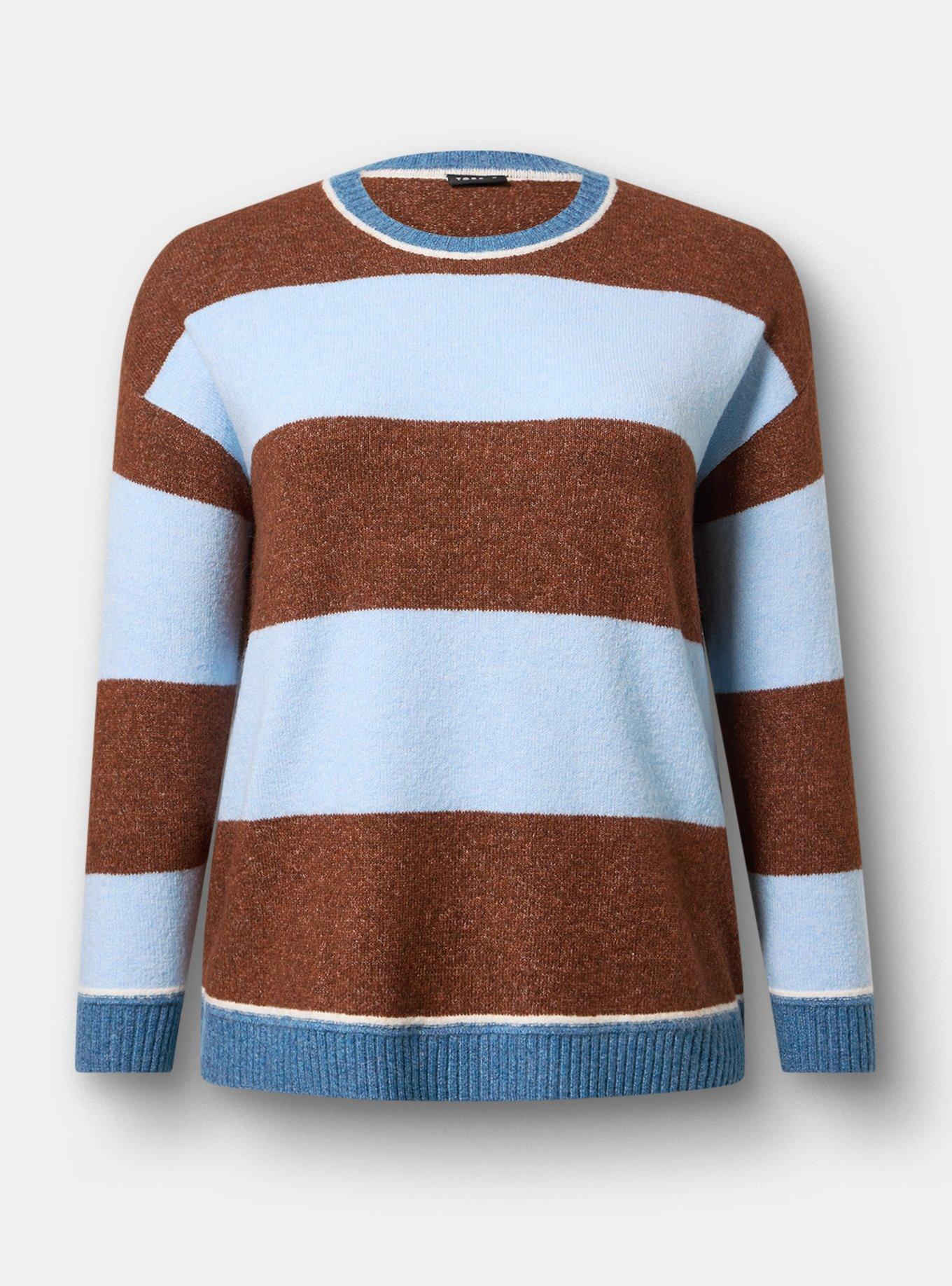 Vegan Cashmere Pullover Sweater, CAPPUCCINO CERULEAN RUGBY STRIPE, hi-res