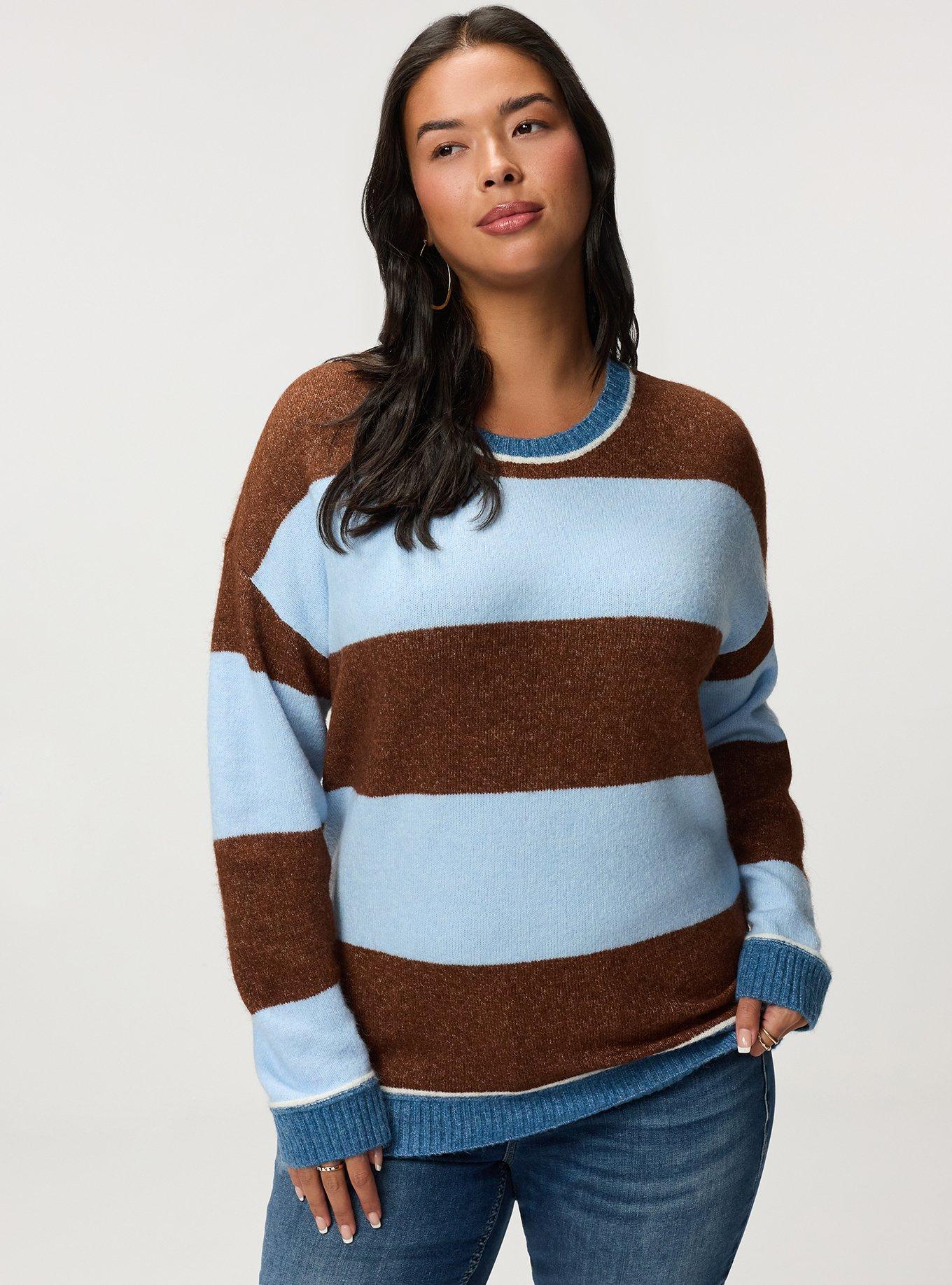 Vegan Cashmere Pullover Sweater, CAPPUCCINO CERULEAN RUGBY STRIPE, hi-res
