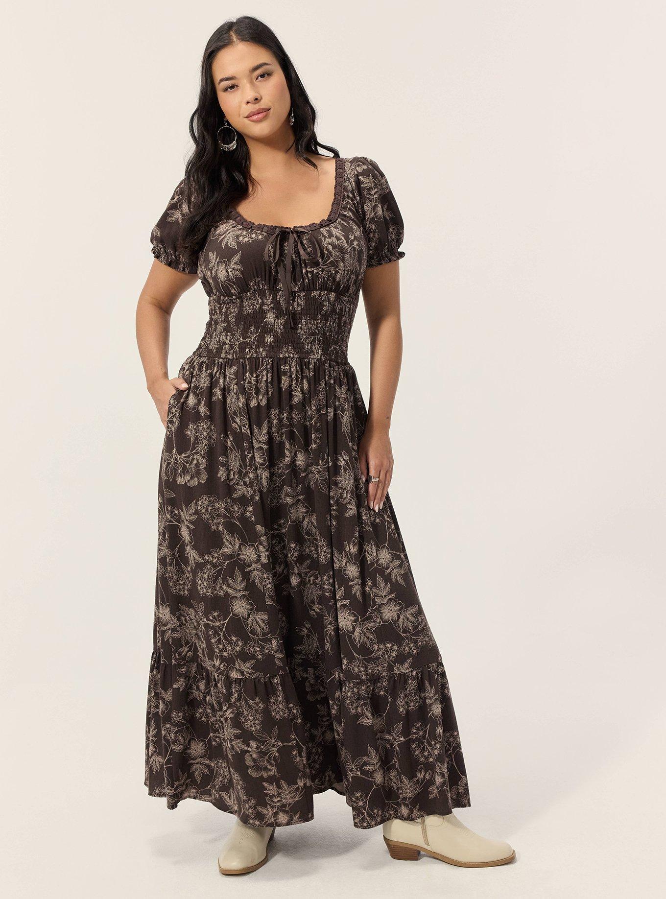 Plus Size Festi Puff Sleeve Maxi Dress, WOODROW FLORAL BROWN, alternate