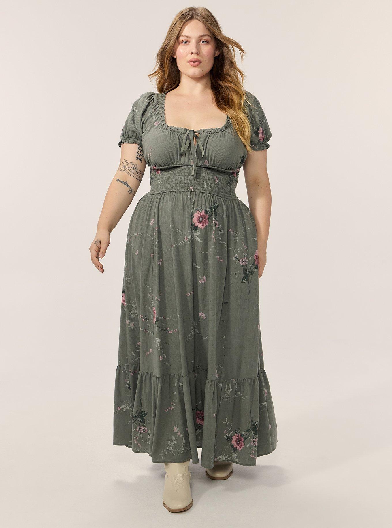 Plus Size Festi Puff Sleeve Maxi Dress, VINES FLORAL GREEN, hi-res