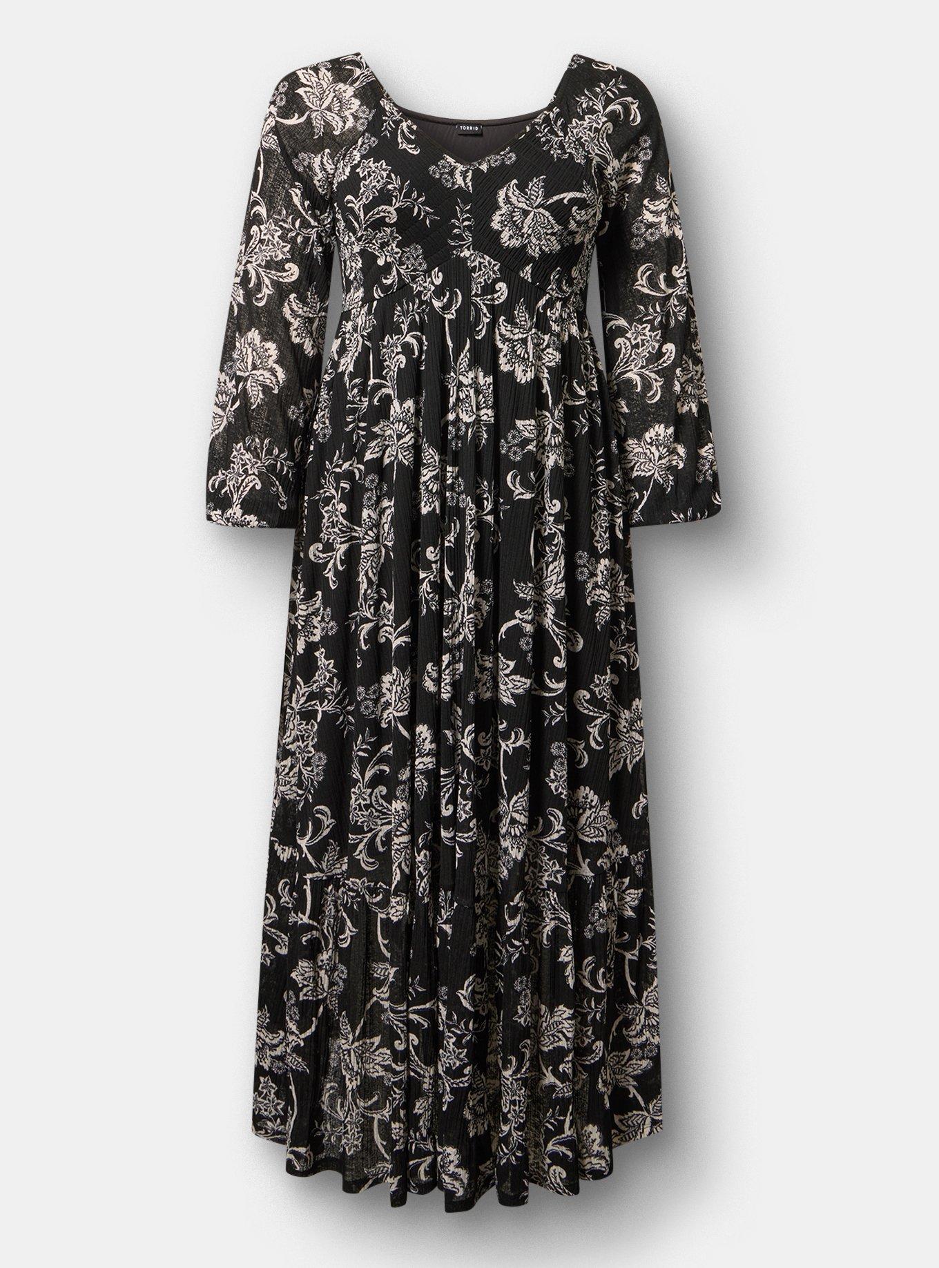 Smocked Bodice Maxi Dress, ELIANA JACOBEAN BLACK, flat