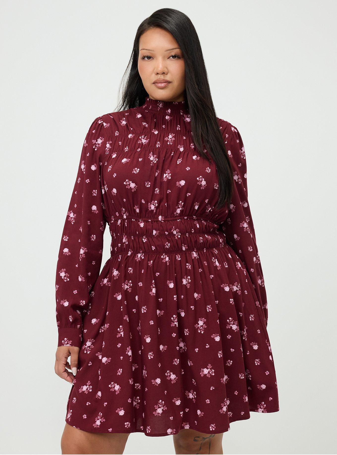 Smocked Ruched Mini Dress, MEG DITSY FLORAL BURGUNDY, alternate