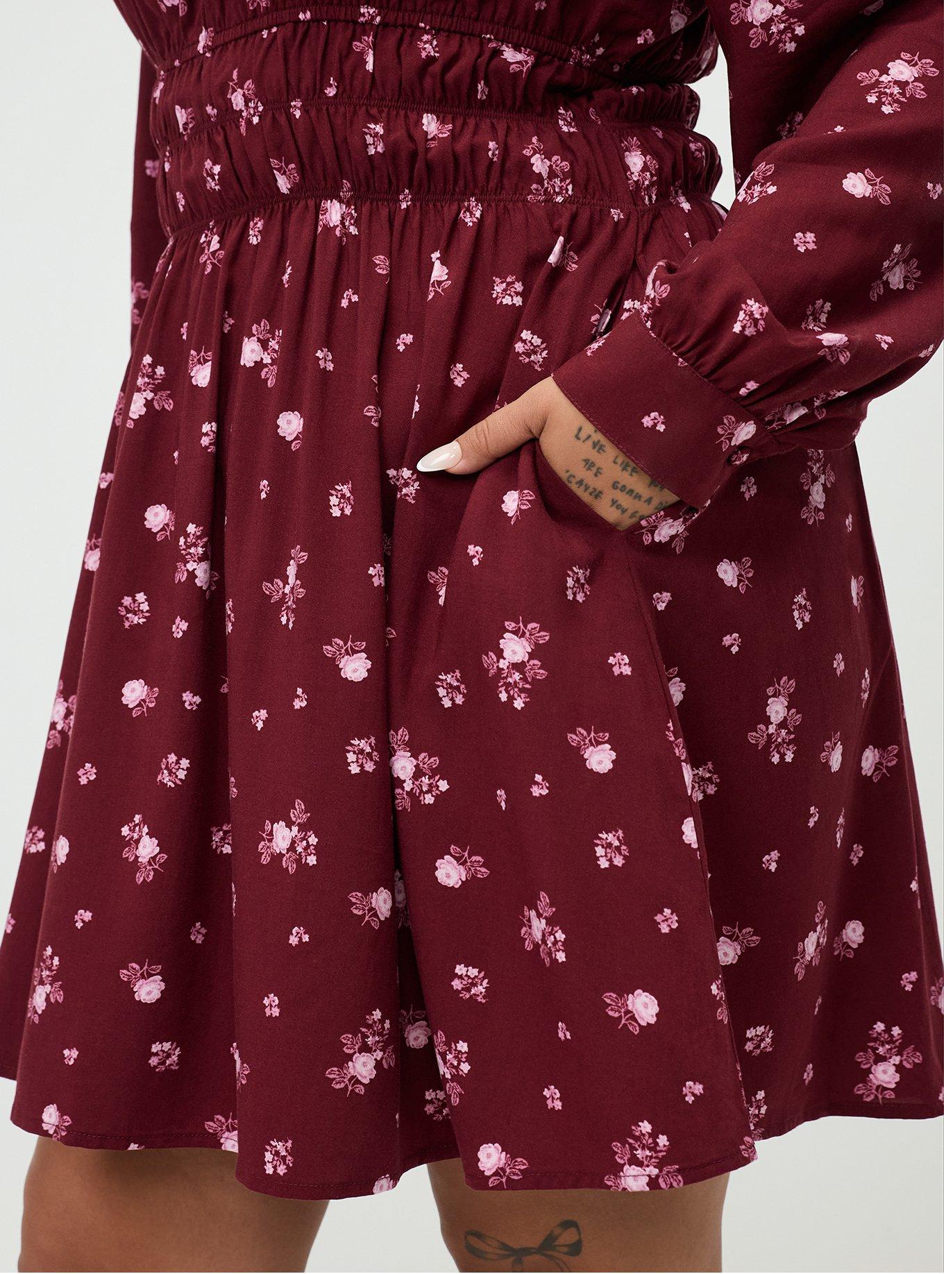 Smocked Ruched Mini Dress, MEG DITSY FLORAL BURGUNDY, alternate