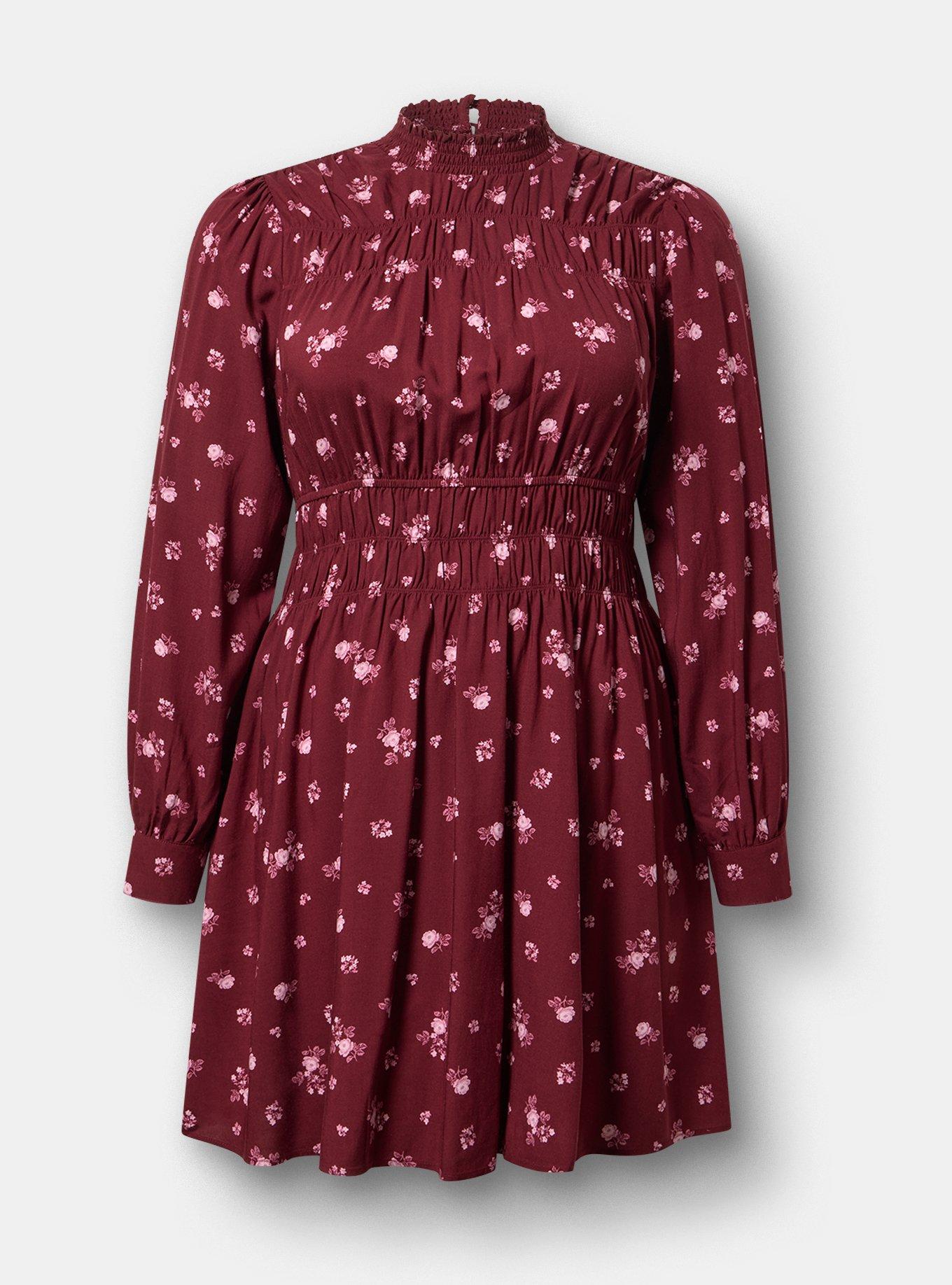 Smocked Ruched Mini Dress, MEG DITSY FLORAL BURGUNDY, flat