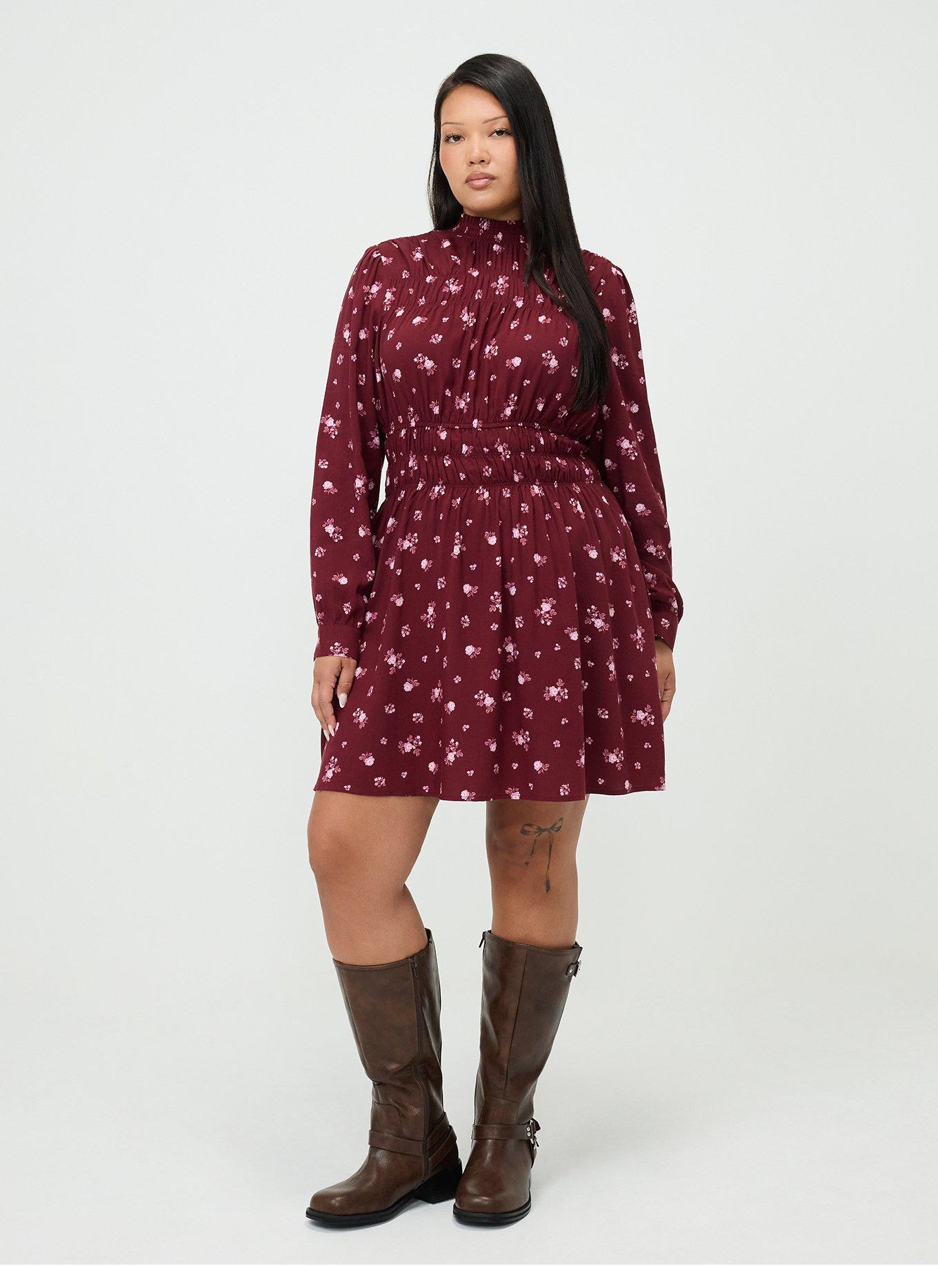 Smocked Ruched Mini Dress, MEG DITSY FLORAL BURGUNDY, hi-res