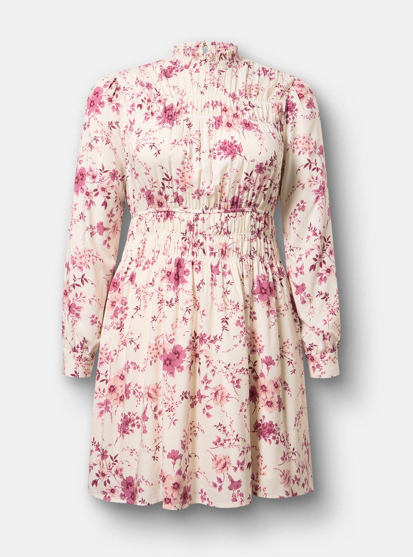 Smocked Ruched Mini Dress, GRACEY FLORAL IVORY, flat