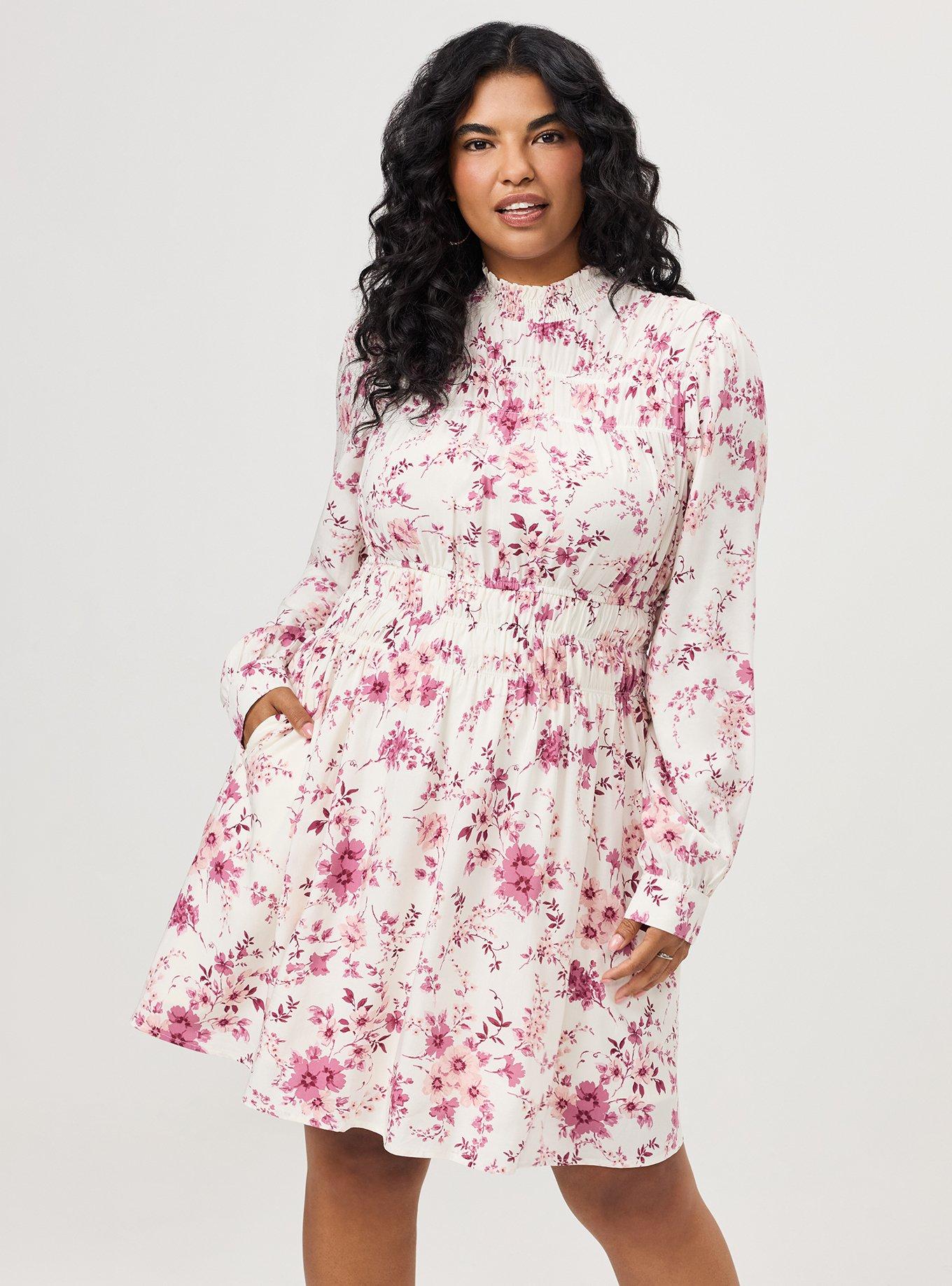Smocked Ruched Mini Dress, GRACEY FLORAL IVORY, hi-res
