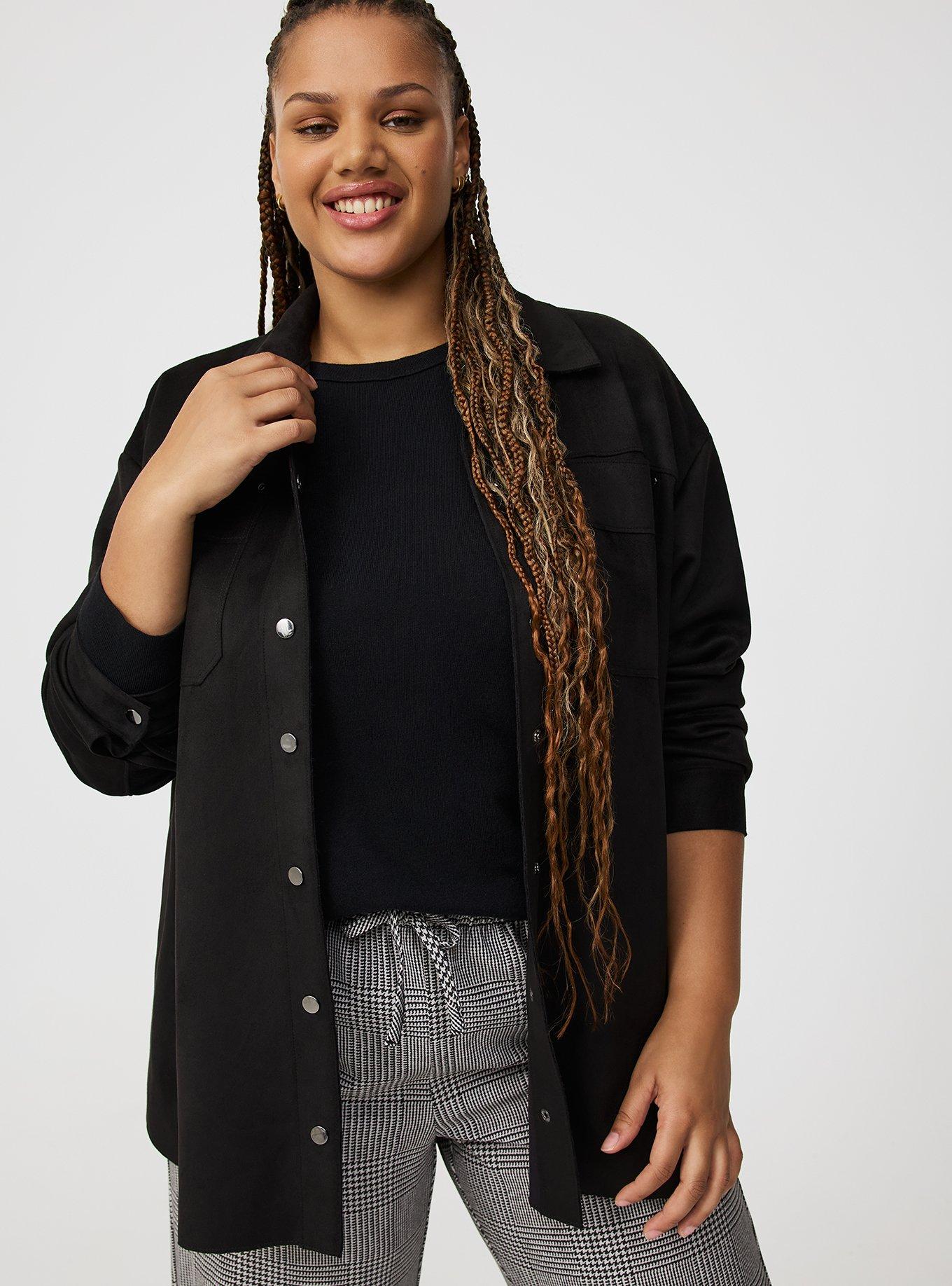 Plus Size Faux Suede Shacket, DEEP BLACK, hi-res