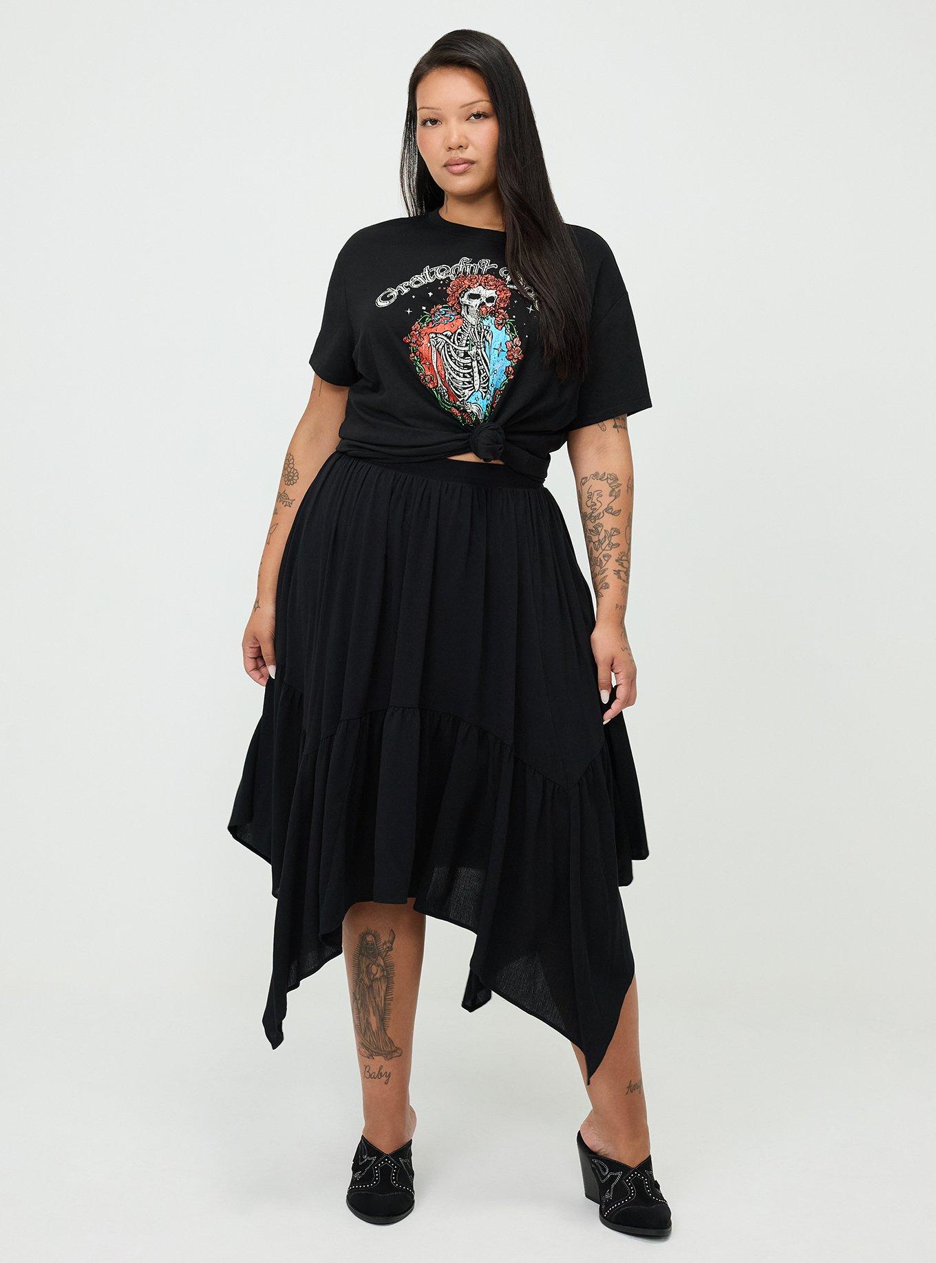 Plus Size Tiered Hanky Hem Maxi Skirt, DEEP BLACK, hi-res