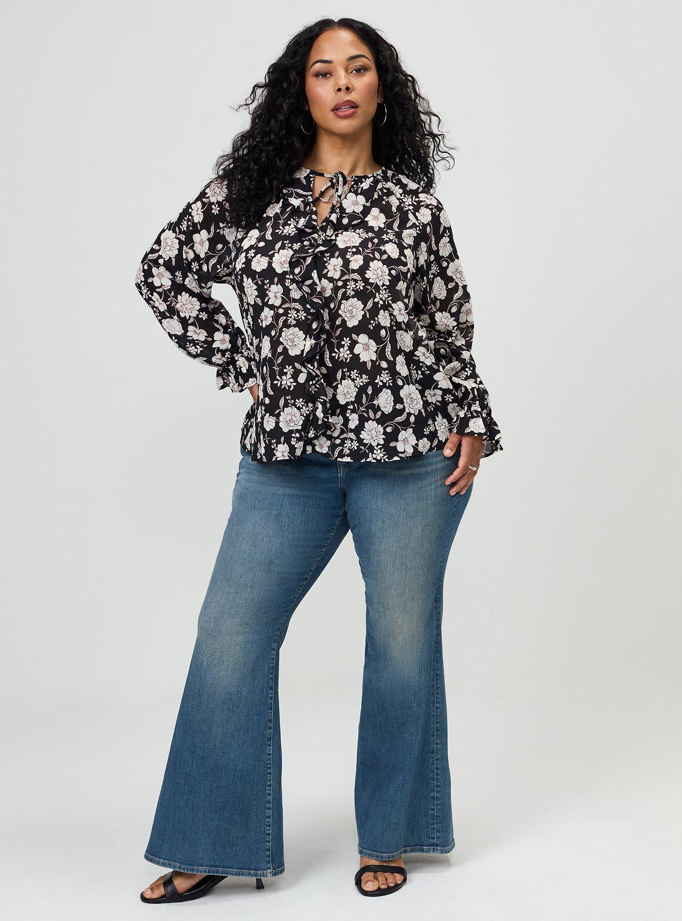 Plus Size Ruffle Tie-Front Blouse, MELODY FLORAL BLACK, alternate