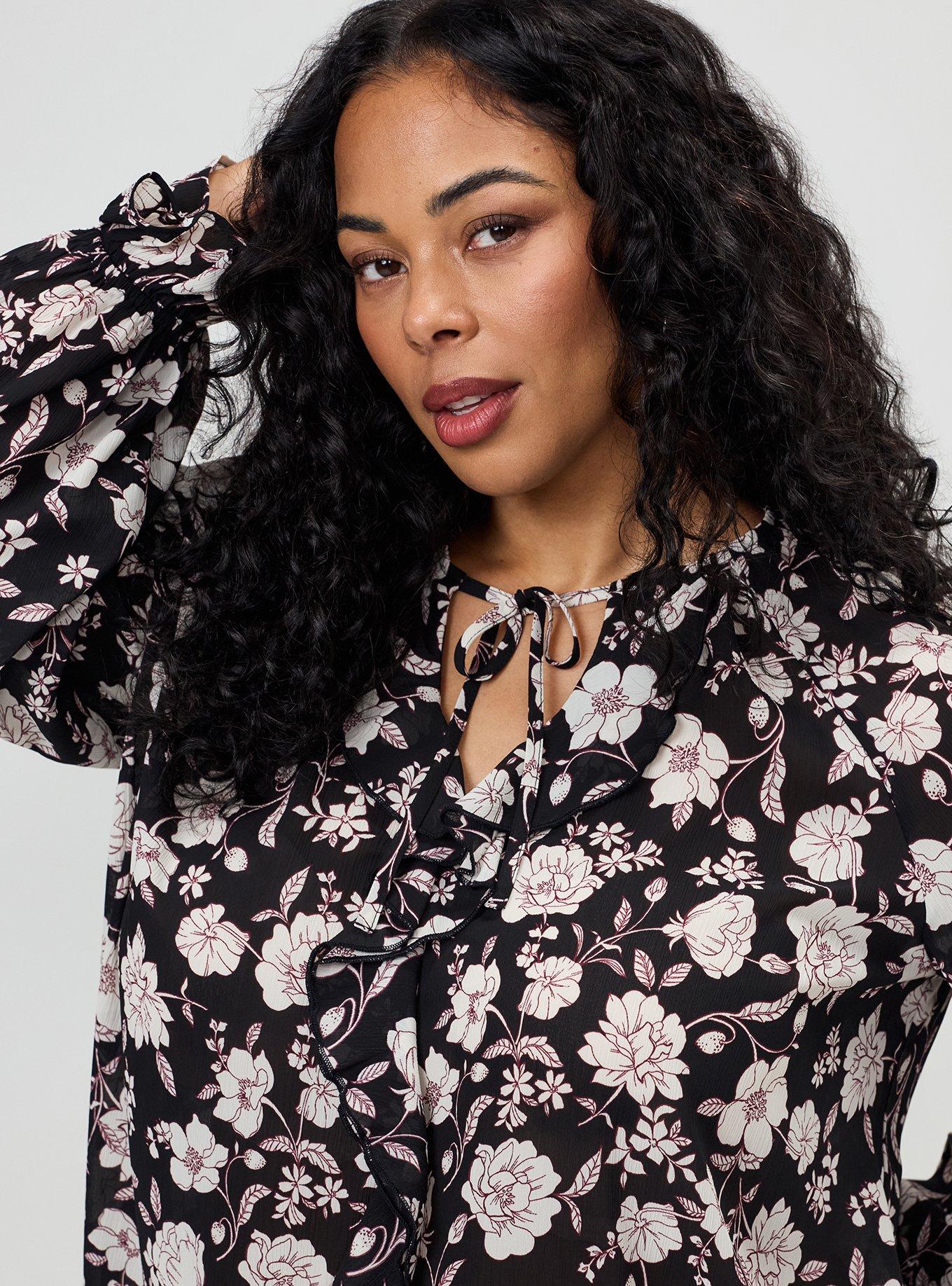 Plus Size Ruffle Tie-Front Blouse, MELODY FLORAL BLACK, alternate