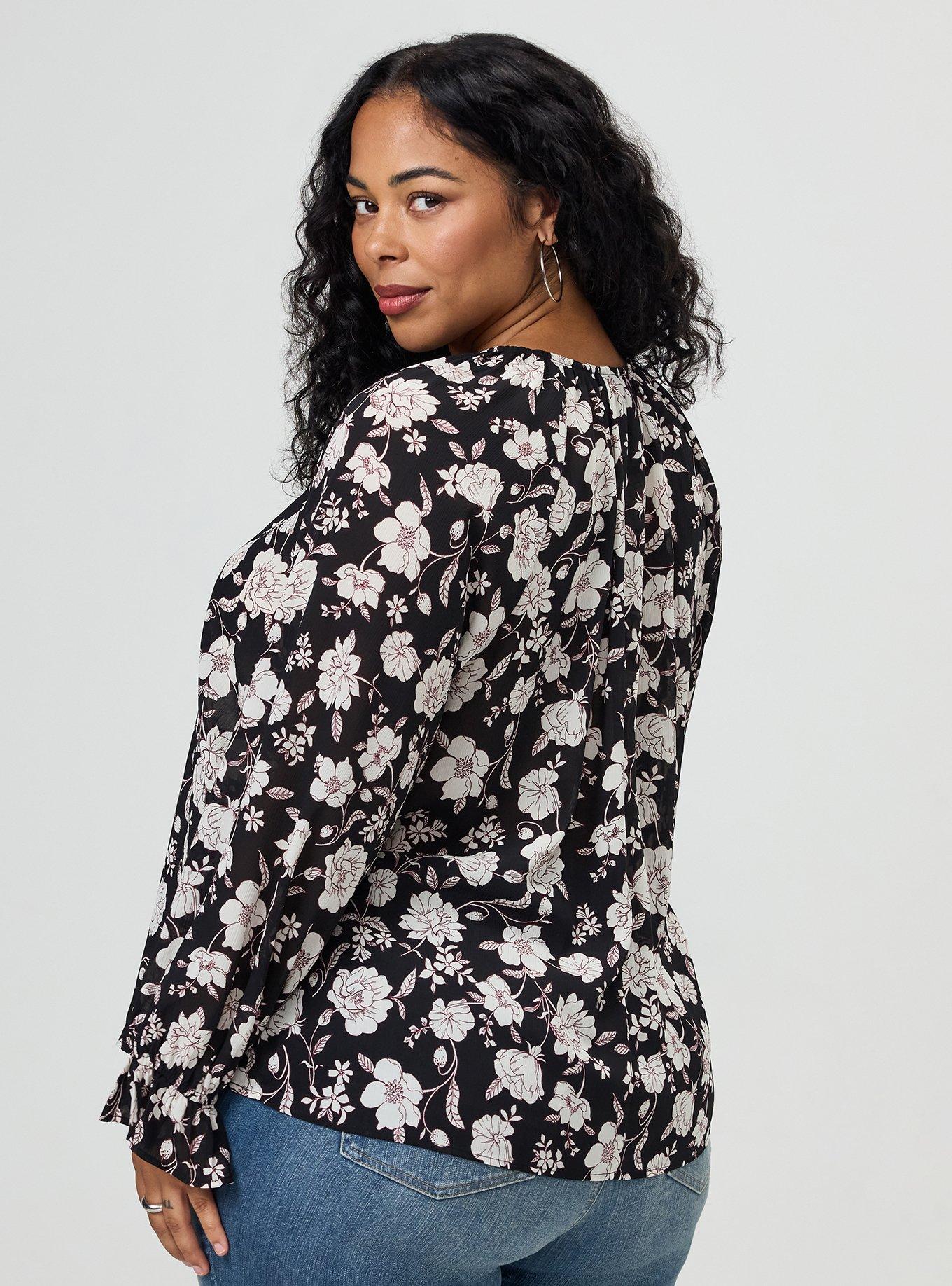 Plus Size Ruffle Tie-Front Blouse, MELODY FLORAL BLACK, alternate