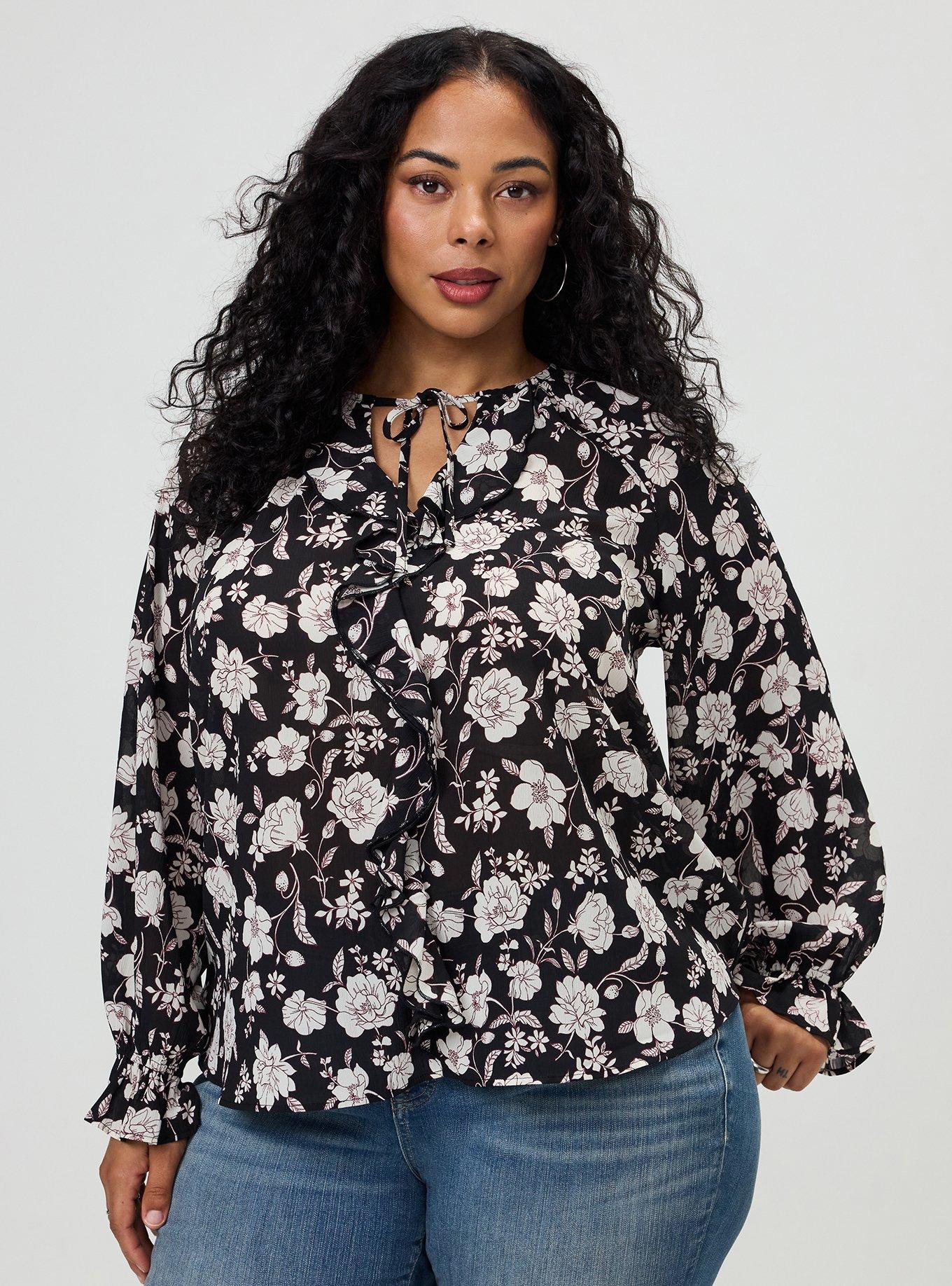 Plus Size Ruffle Tie-Front Blouse, MELODY FLORAL BLACK, alternate