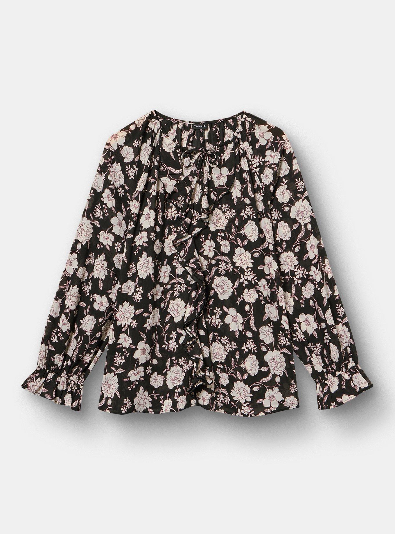 Plus Size Ruffle Tie-Front Blouse, MELODY FLORAL BLACK, flat