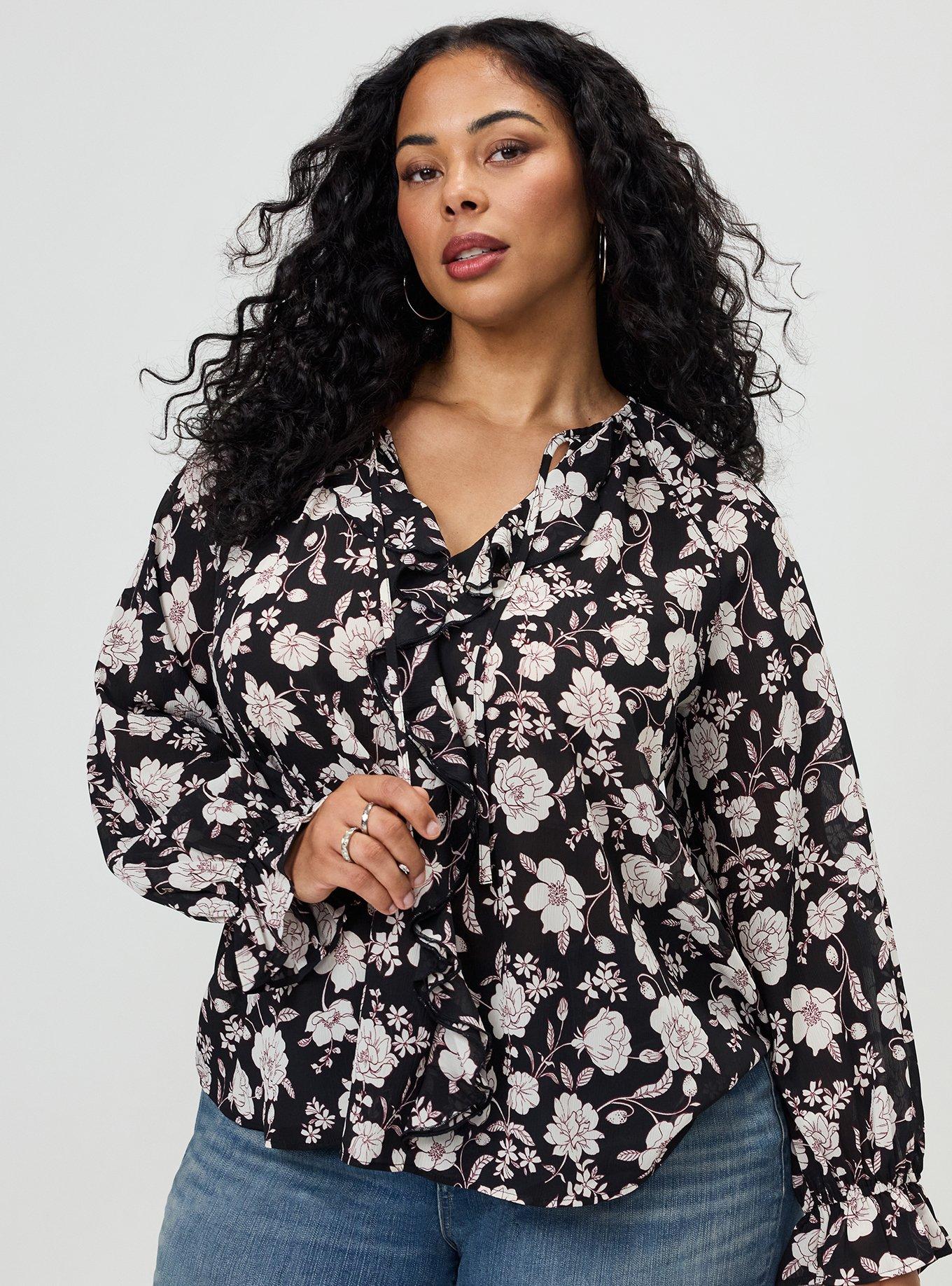 Plus Size Ruffle Tie-Front Blouse, MELODY FLORAL BLACK, hi-res