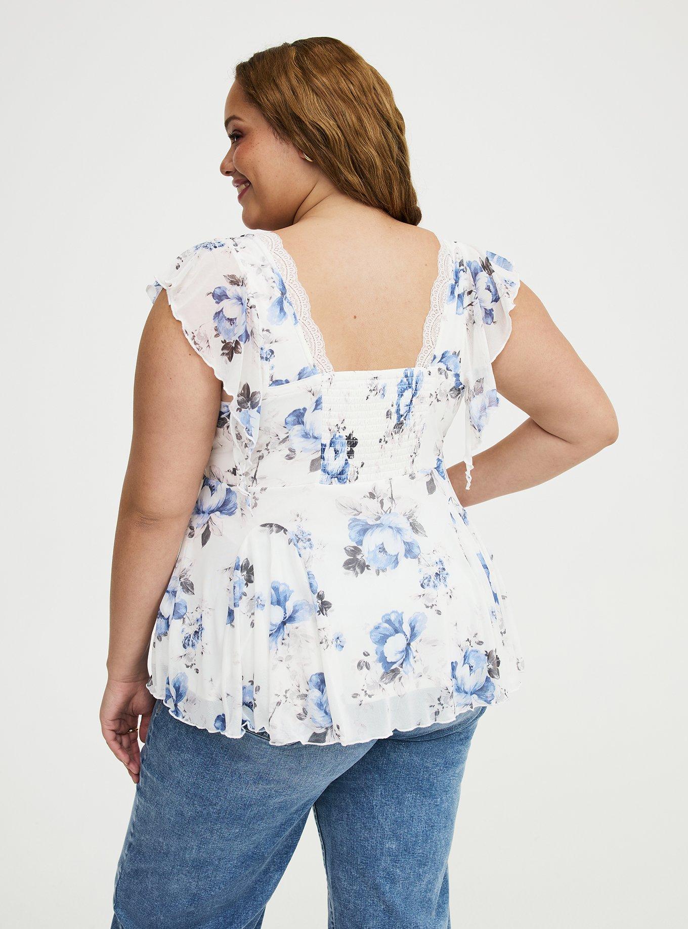 Flutter Sleeve Fit & Flare Mesh Top, MOZART FLORAL BLUE, alternate