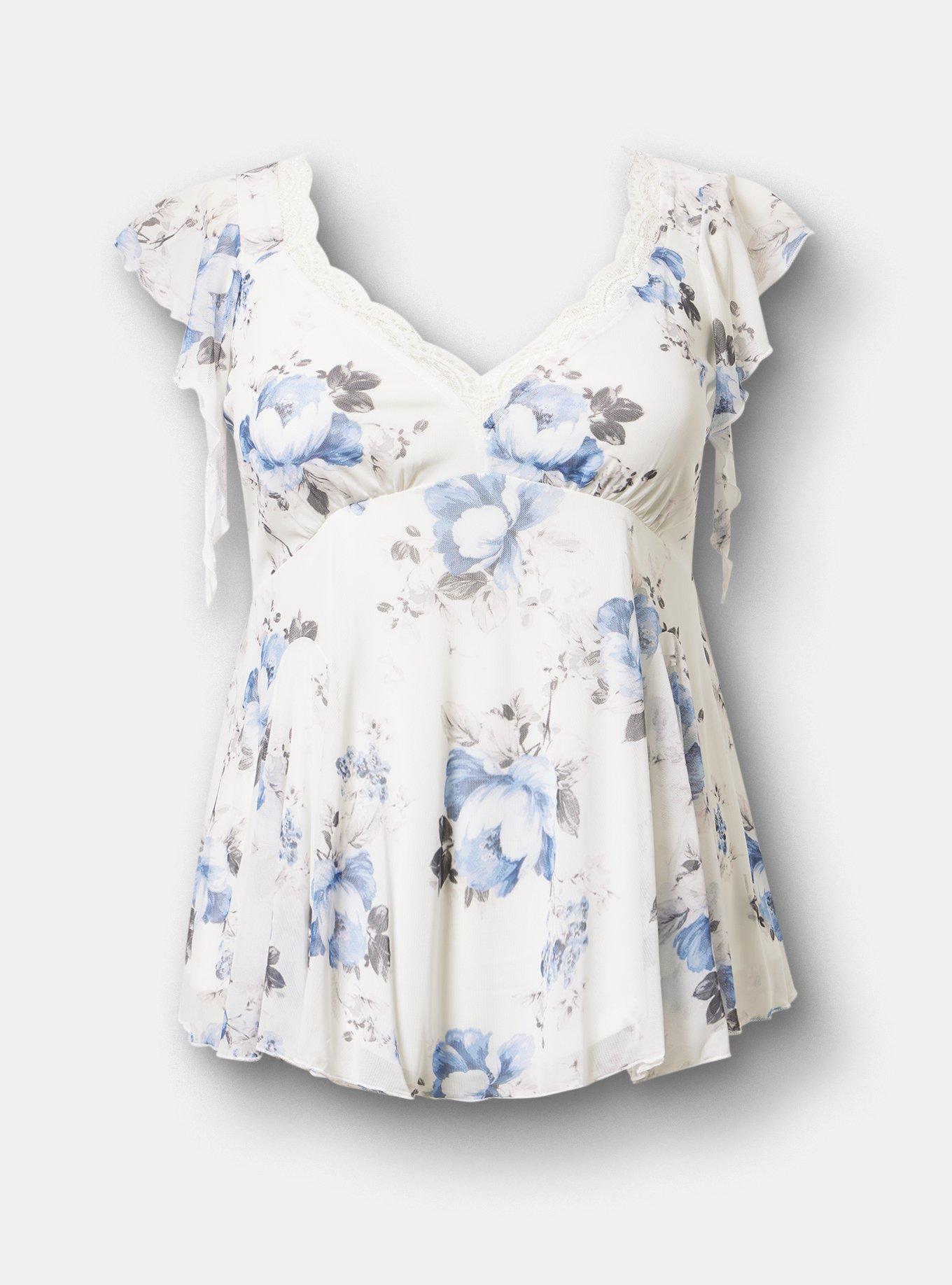 Flutter Sleeve Fit & Flare Mesh Top, MOZART FLORAL BLUE, hi-res