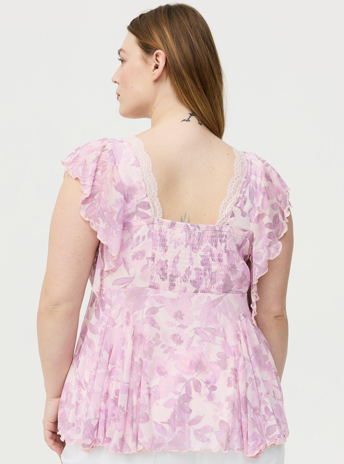 Flutter Sleeve Fit & Flare Mesh Top, PRESSED FLORAL PINK, alternate