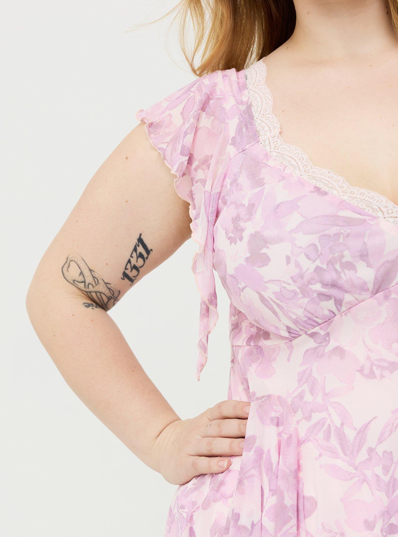 Flutter Sleeve Fit & Flare Mesh Top, PRESSED FLORAL PINK, alternate