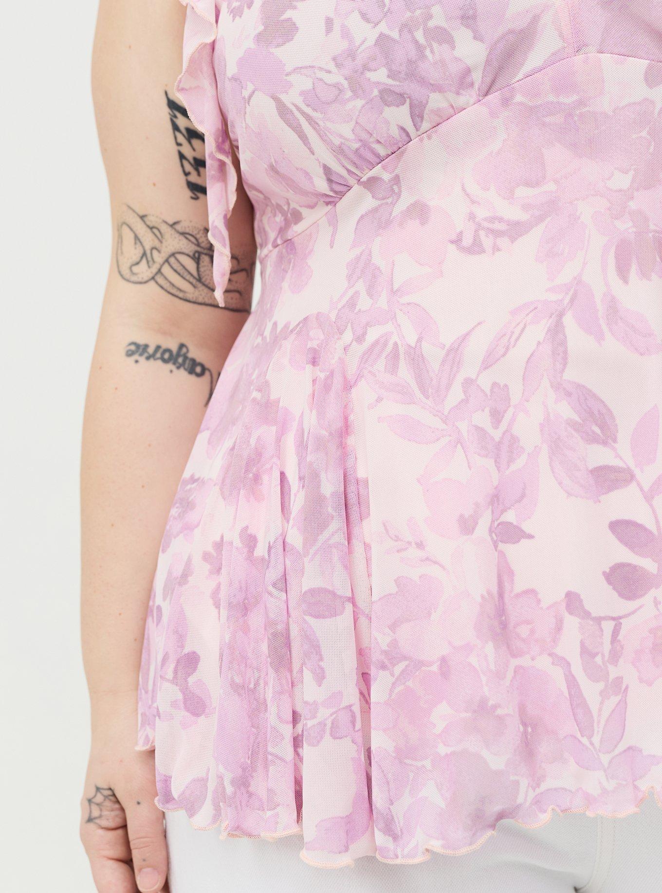 Flutter Sleeve Fit & Flare Mesh Top, PRESSED FLORAL PINK, alternate