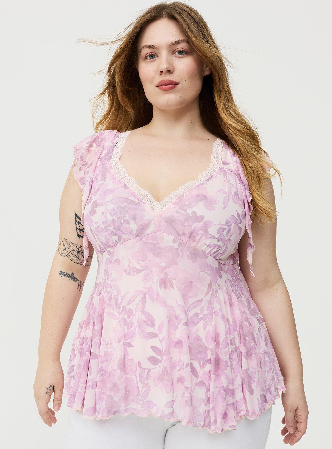Flutter Sleeve Fit & Flare Mesh Top, PRESSED FLORAL PINK, hi-res
