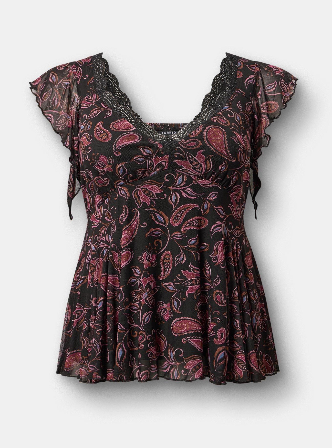 Flutter Sleeve Fit & Flare Mesh Top, YAYA PAISLEY MULTI, flat