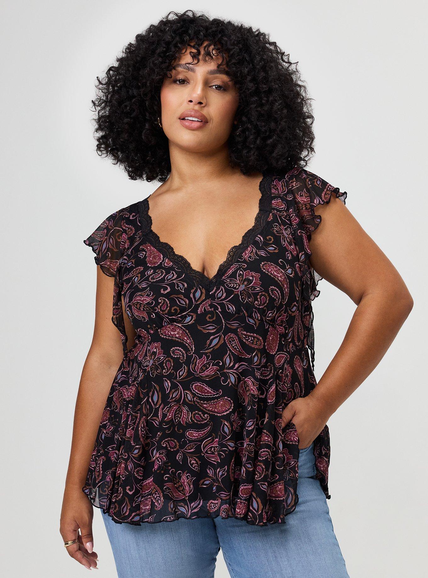 Flutter Sleeve Fit & Flare Mesh Top, YAYA PAISLEY MULTI, hi-res