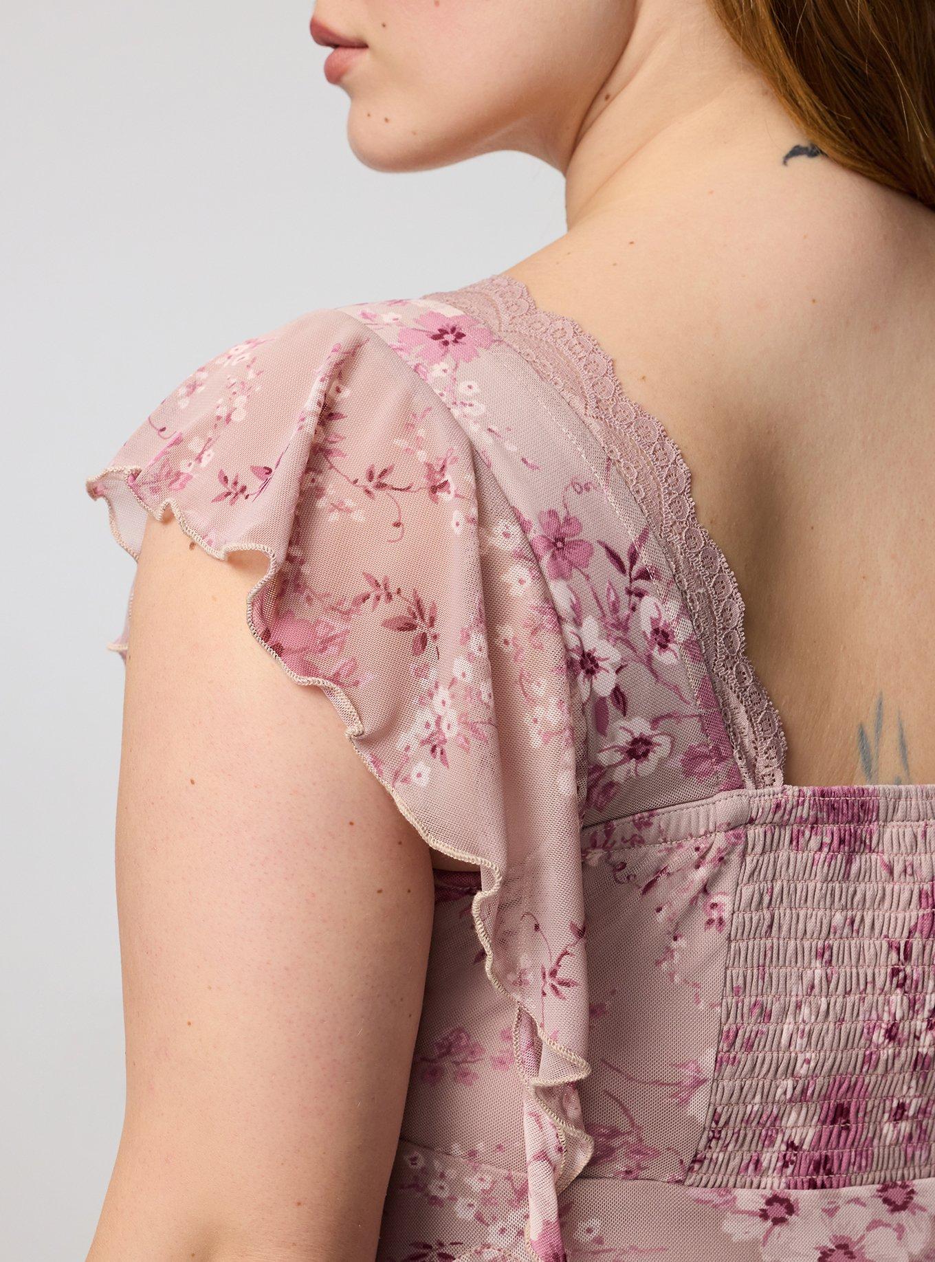 Flutter Sleeve Fit & Flare Mesh Top, GRACEY FLORAL PEACH, alternate