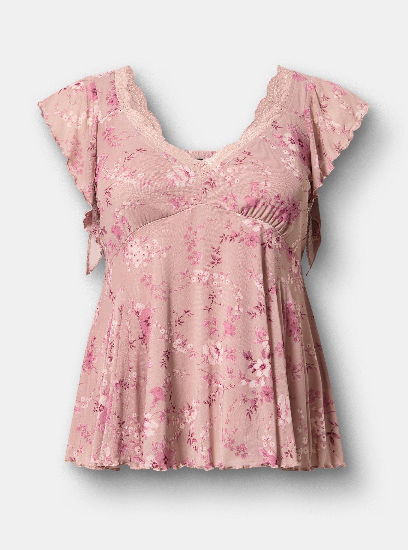 Flutter Sleeve Fit & Flare Mesh Top, GRACEY FLORAL PEACH, flat