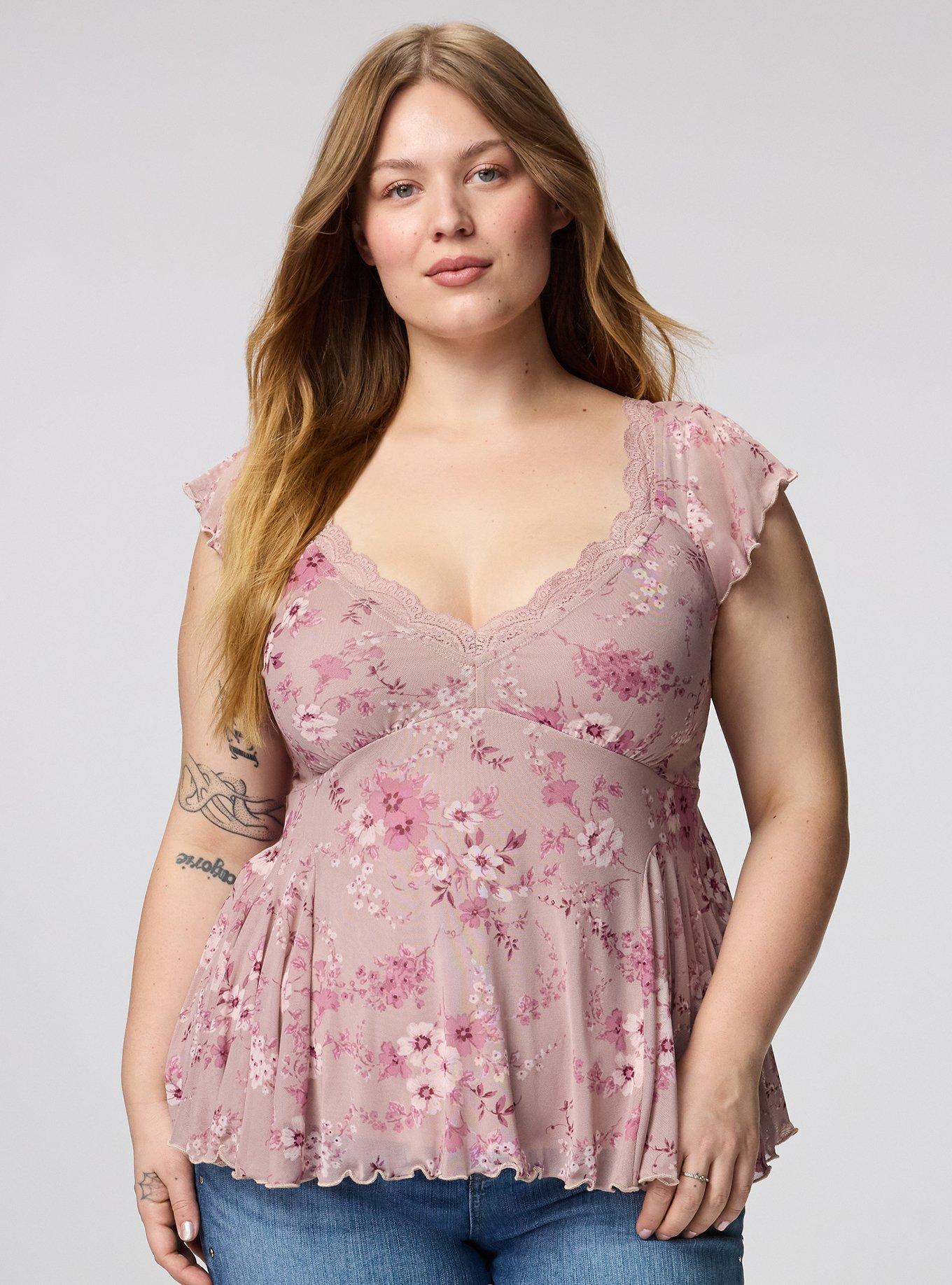 Flutter Sleeve Fit & Flare Mesh Top, GRACEY FLORAL PEACH, hi-res