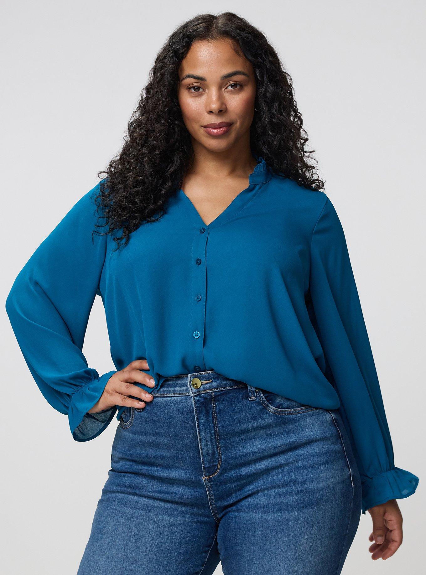 Plus Size Georgette Button-Up Blouse, MOROCCAN BLUE, alternate